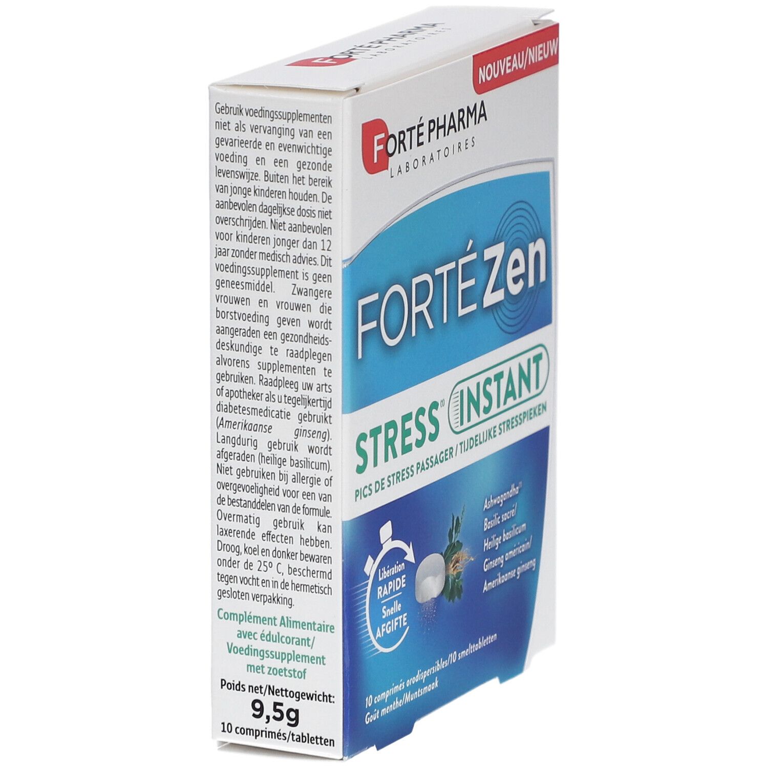 Schachtel Forte Zen Stress Instant. Weiß mit Produktnamen, Inhaltsstoffen und Logo. Eckansicht.