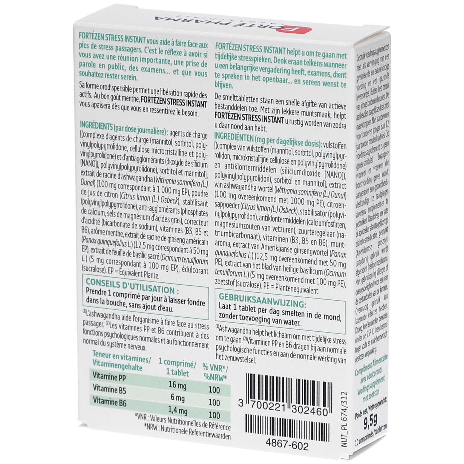 Rückseite der Schachtel Forte Zen Stress Instant. Text mit Inhaltsstoffen, Gebrauchsanweisung und Nährwertangaben.