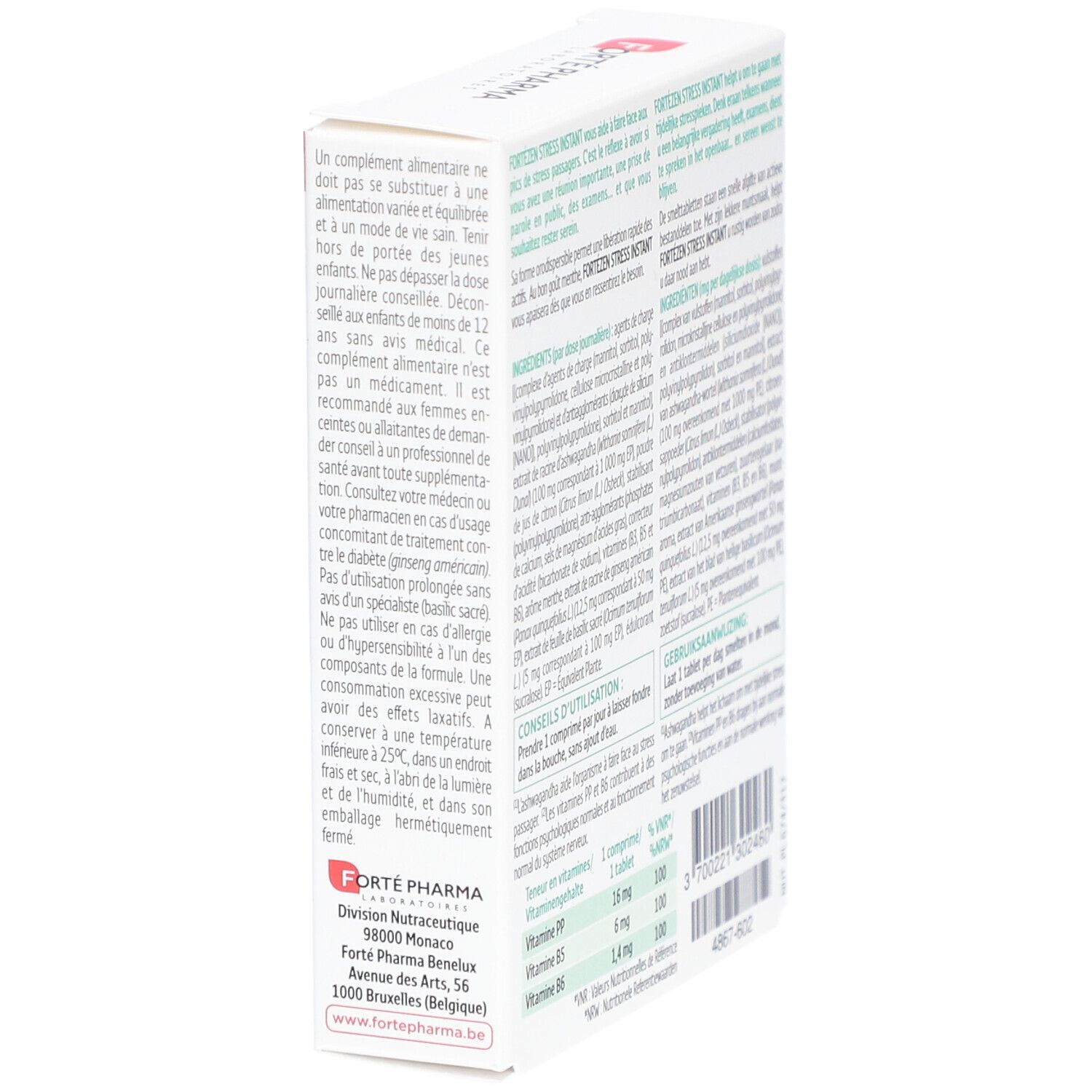 Seite der Schachtel Forte Zen Stress Instant. Text mit Inhaltsstoffen, Gebrauchsanweisung und Nährwertangaben.