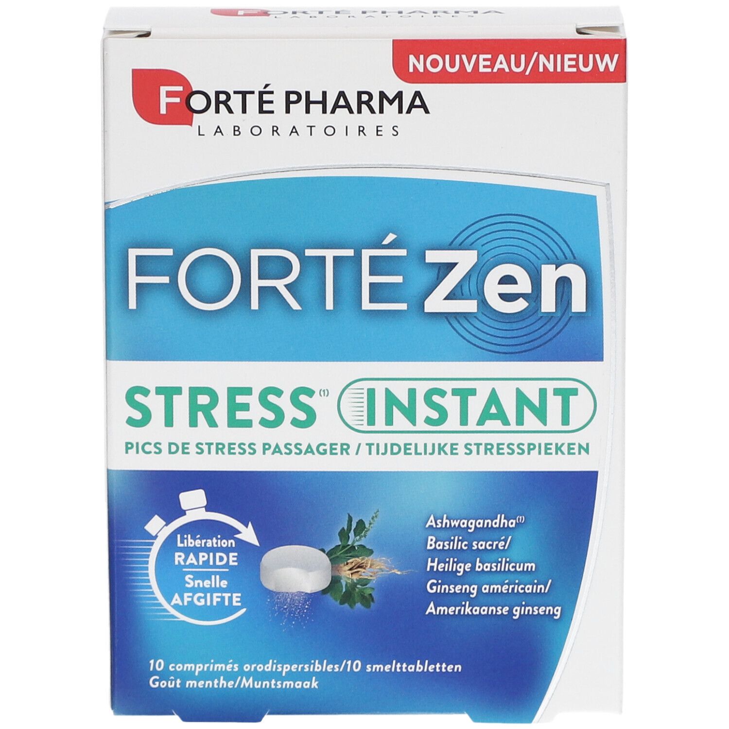Schachtel Forte Zen Stress Instant. Blaue und weiße Verpackung mit Produktnamen und Inhaltsstoffen. Vorderansicht.