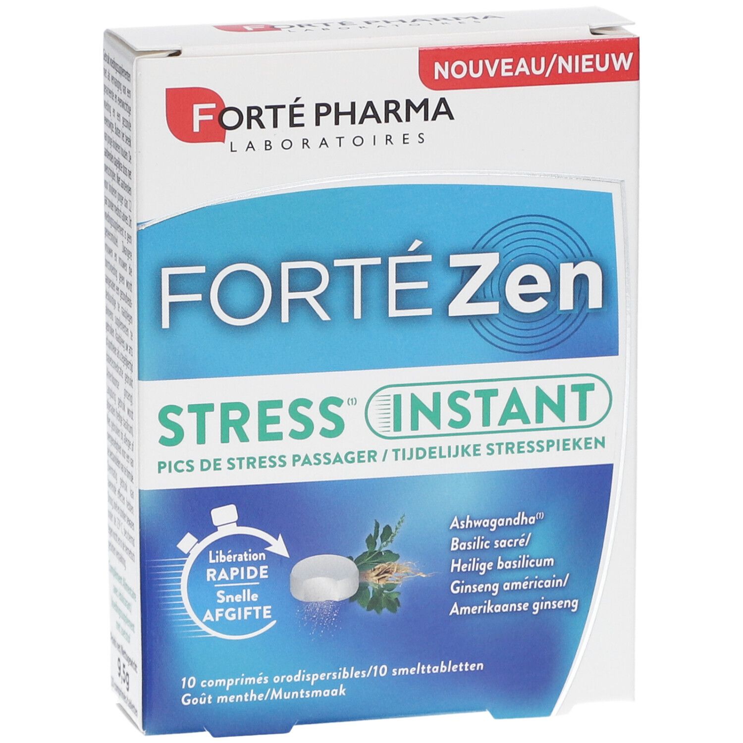 Schachtel Forte Zen Stress Instant. Blaue und weiße Verpackung mit Produktnamen und Inhaltsstoffen. Vorderansicht.