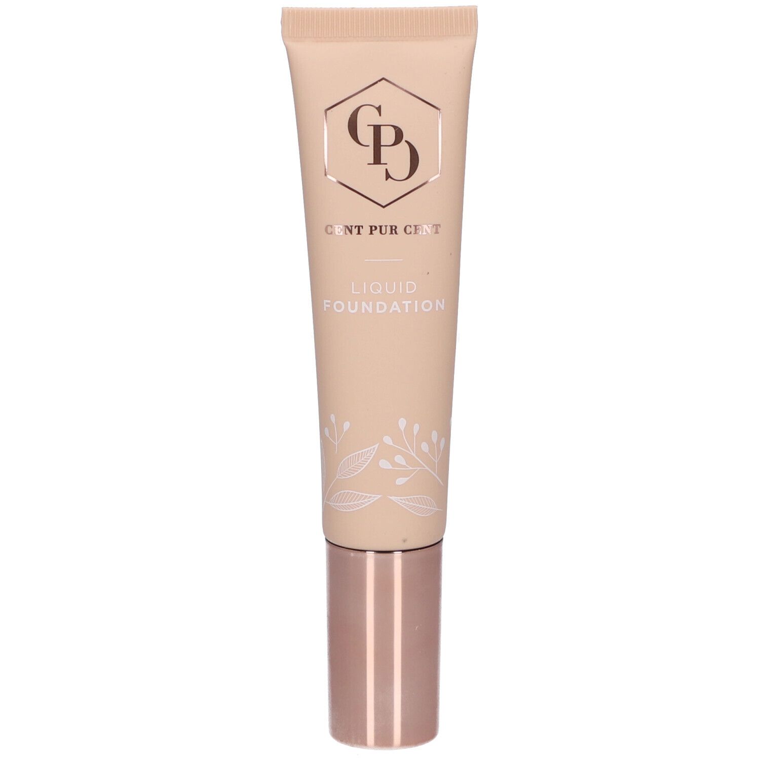 Beige Tube mit roségoldenem Verschluss. Logo und Schriftzug: Cent Pur Cent Liquid Foundation.