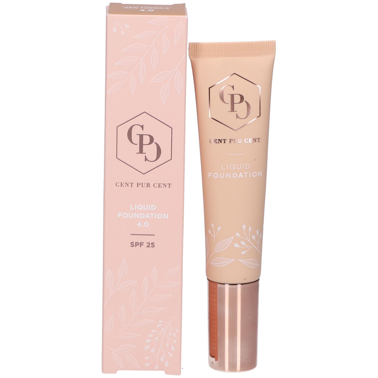 Produktverpackung und Tube. Verpackung: Rosa, Logo, Schriftzug, floralem Muster. Tube: Beige, roségoldener Verschluss.