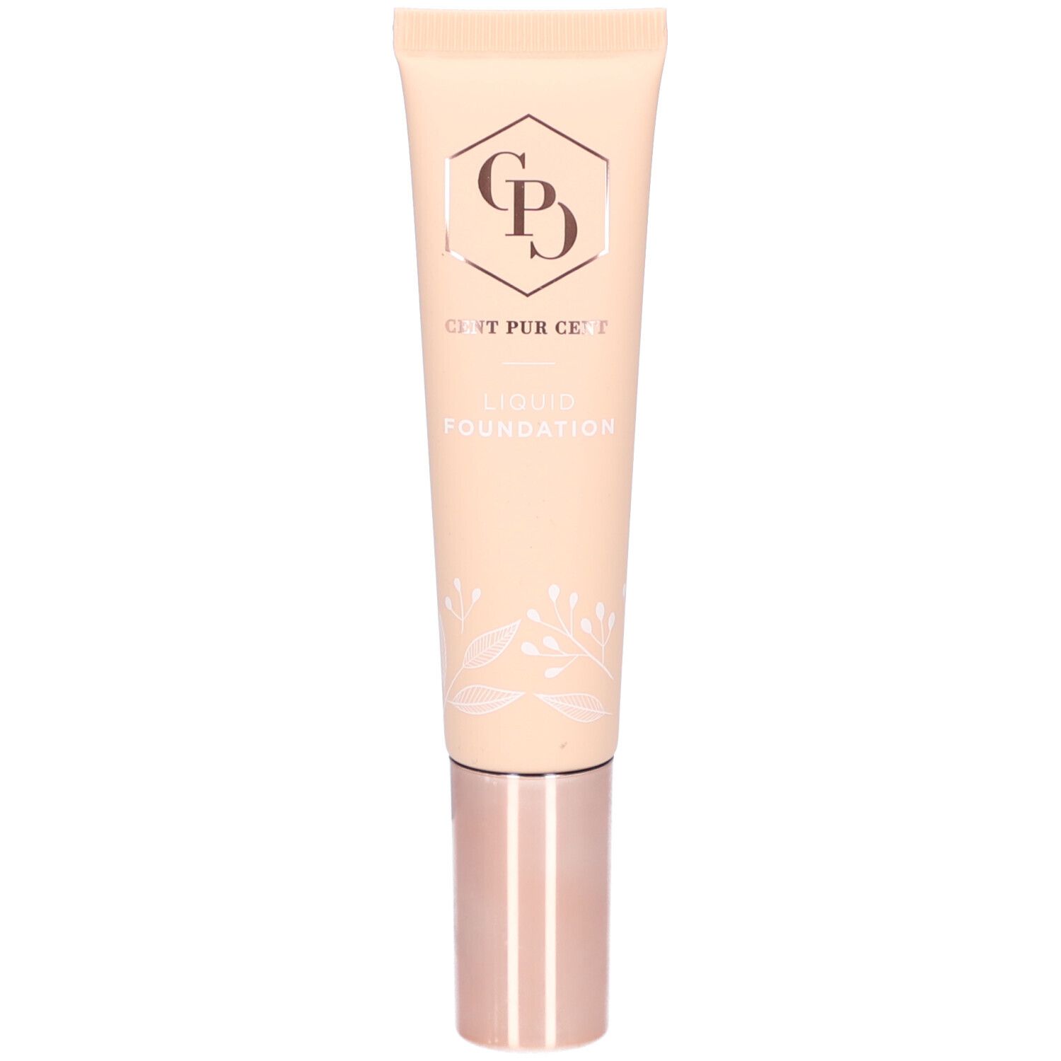 Beige Tube mit roségoldener Kappe. Logo und Schriftzug: Cent Pur Cent Liquid Foundation.