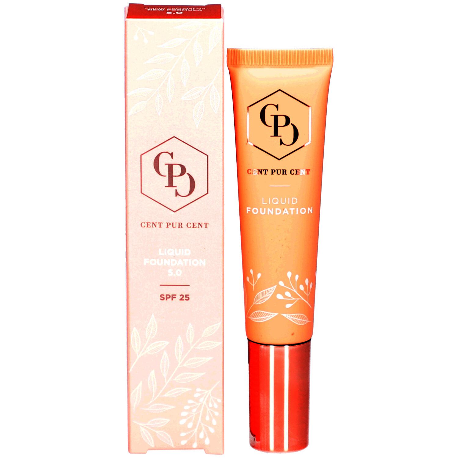 Tube und Verpackung. Tube: Beige, roségoldene Kappe. Verpackung: Rosa, Logo, Schriftzug: Liquid Foundation 5.0, SPF 25.