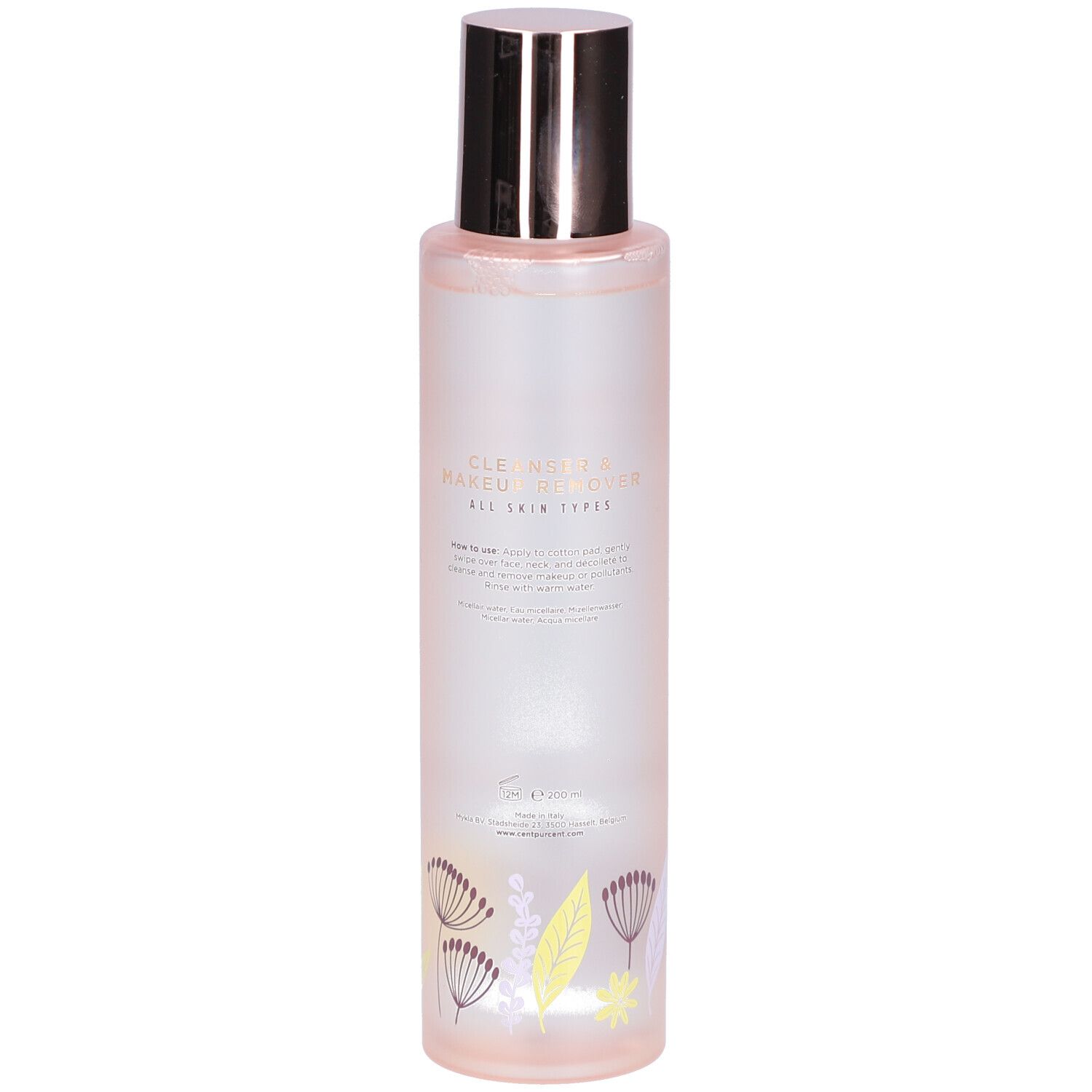 Zylindrische Flasche mit silbernem Deckel. Aufschrift: CLEANSER MAKEUP REMOVER. Für alle Hauttypen. Florales Muster am Boden.