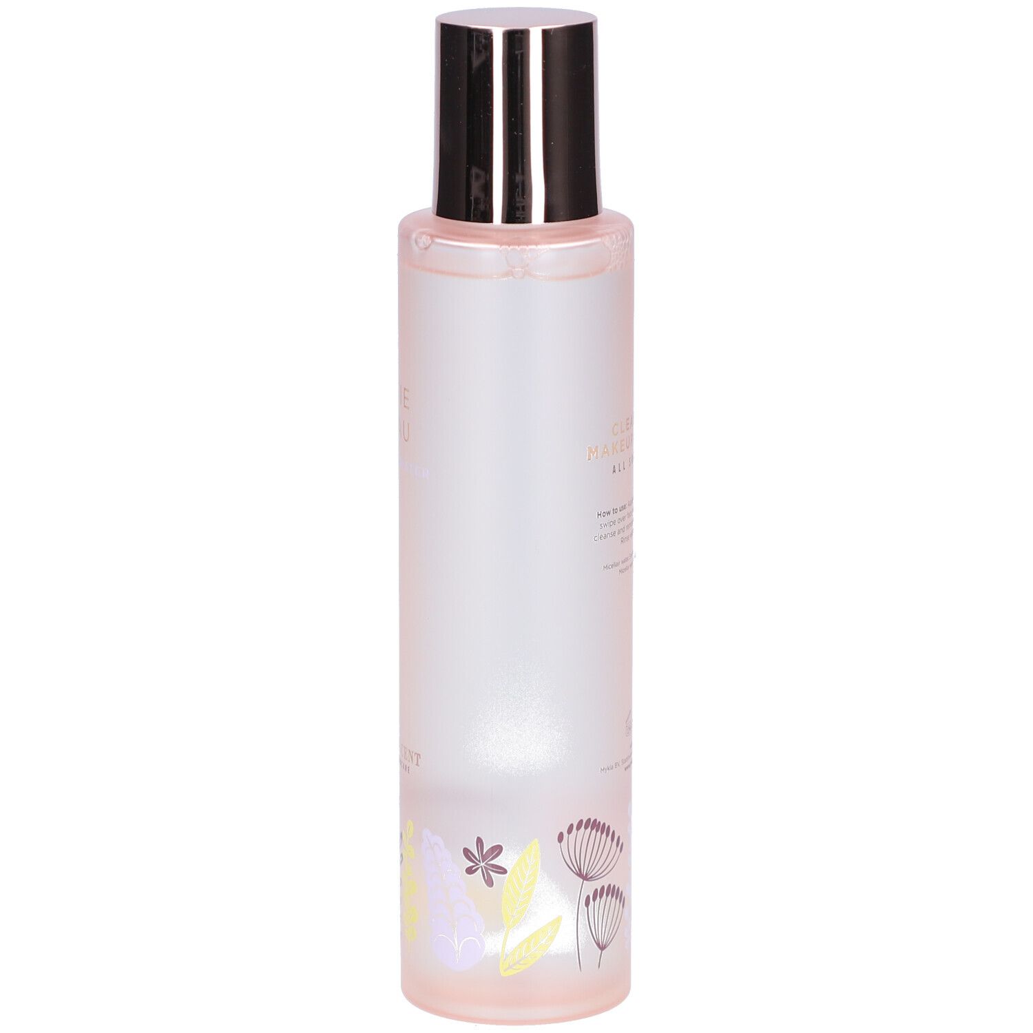 Zylindrische Flasche mit silbernem Deckel. Florales Muster am Boden. Rosa Farbton. Text nicht lesbar.