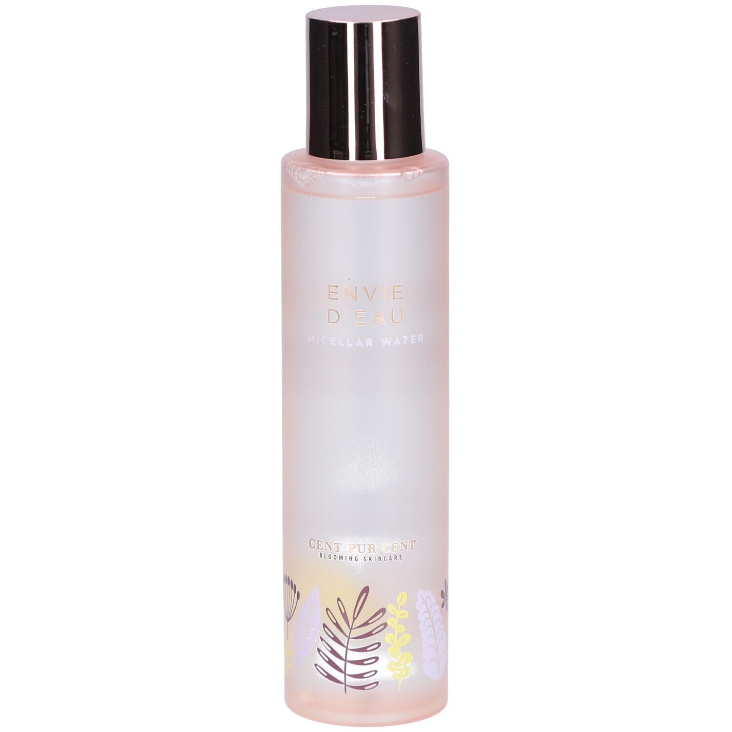 Zylindrische Flasche mit silbernem Deckel. Aufschrift: ENVIE D'EAU MICELAR WATER. Florales Muster am Boden. Rosa Farbton.