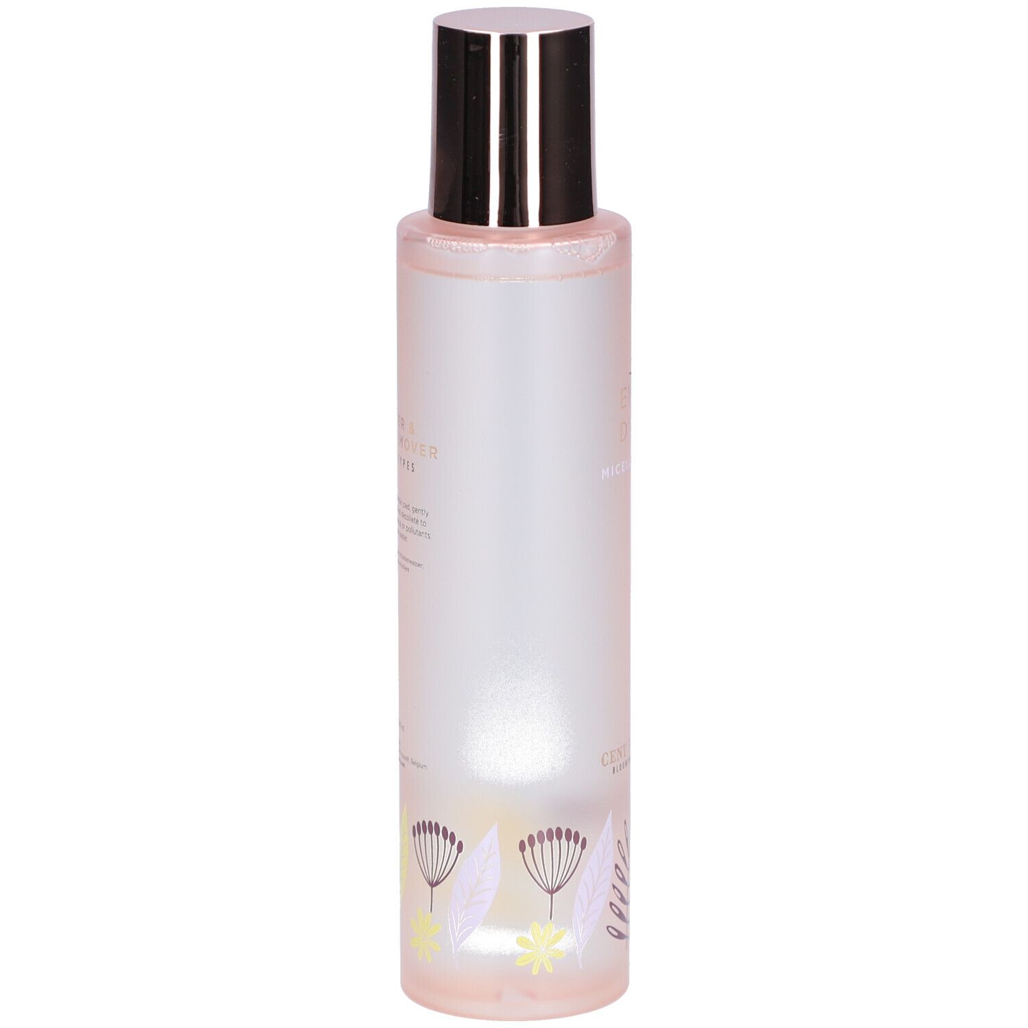 Zylindrische Flasche mit silbernem Deckel. Florales Muster am Boden. Rosa Farbton. Text nicht lesbar.