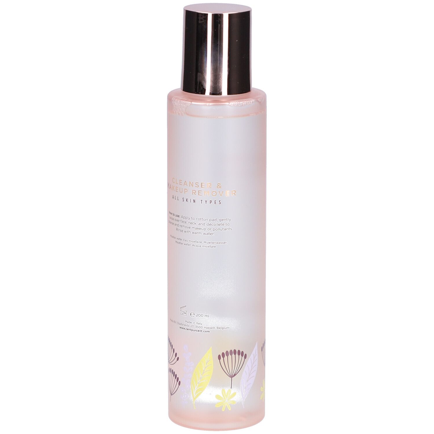 Zylindrische Flasche mit silbernem Deckel. Aufschrift: CLEANSER & MAKEUP REMOVER. Für alle Hauttypen. Florales Muster.