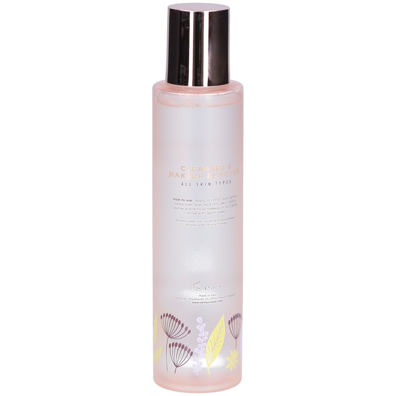 Zylindrische Flasche mit silbernem Deckel. Aufschrift: CLEANSER MAKEUP REMOVER. Für alle Hauttypen. Florales Muster.