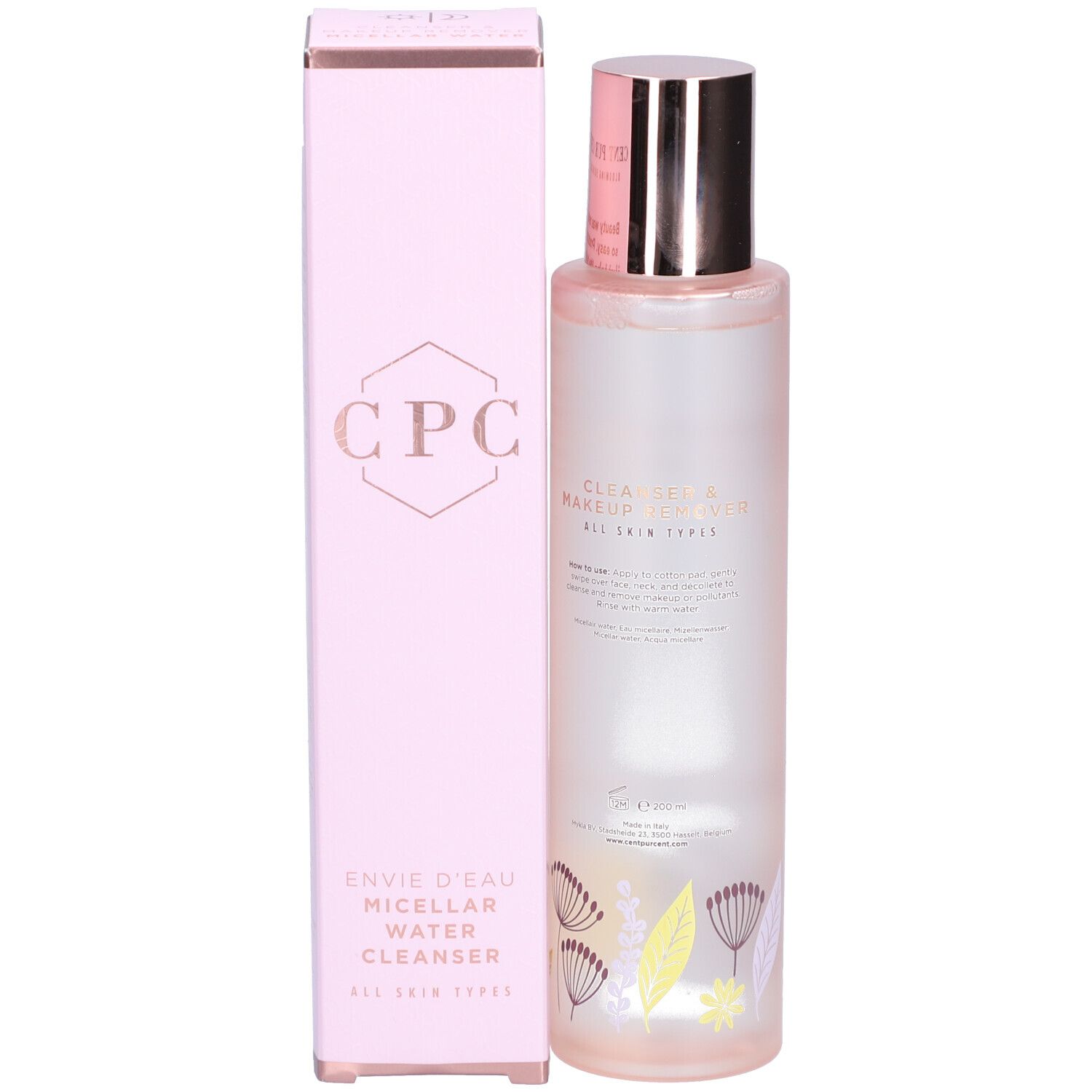 Rosa Schachtel und Flasche. Aufschrift: CPC, ENVIE D'EAU, MICELAR WATER CLEANSER. Für alle Hauttypen. Silberner Deckel.