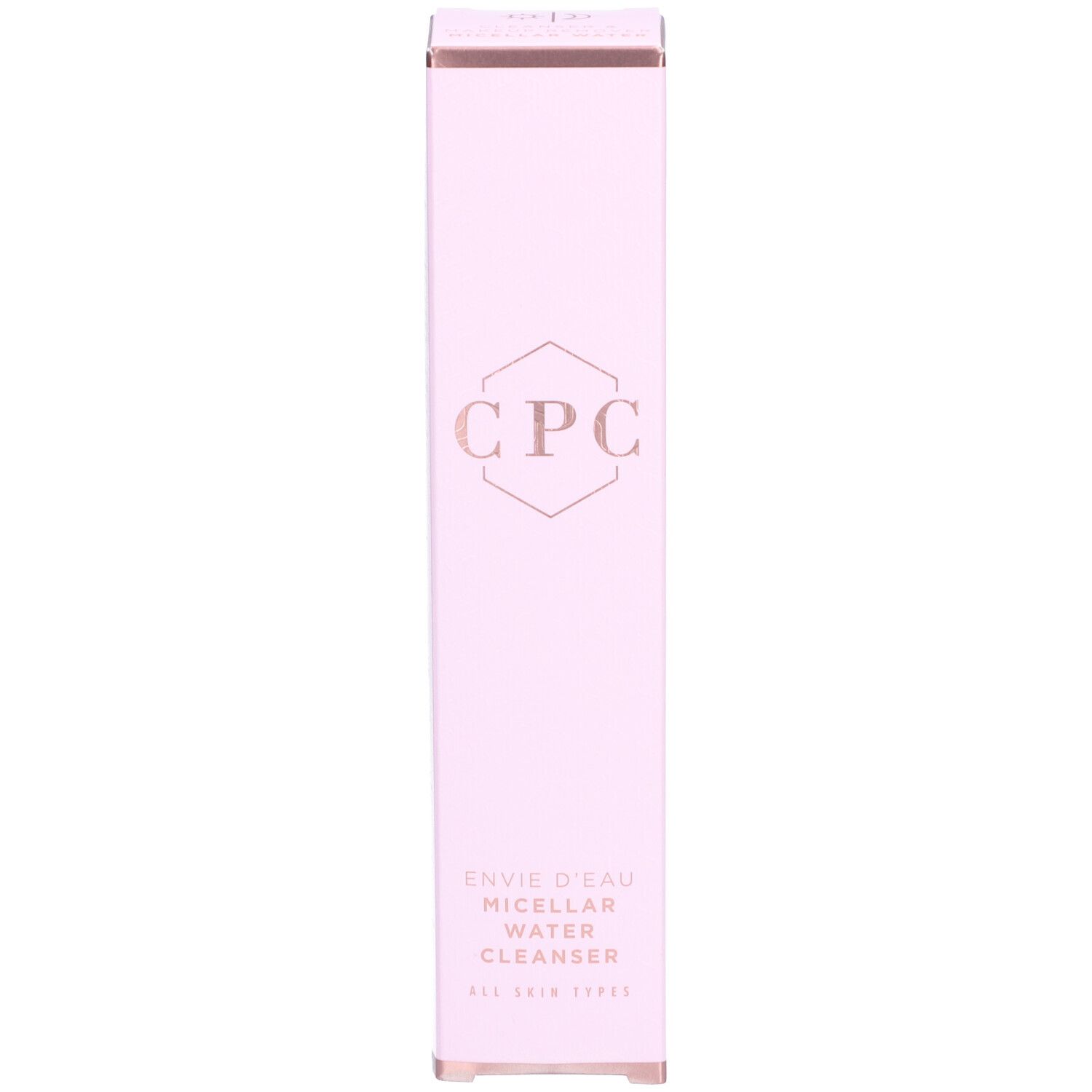Rosa Schachtel. Aufschrift: CPC, ENVIE D'EAU, MICELAR WATER CLEANSER. Für alle Hauttypen. Rechteckige Form.