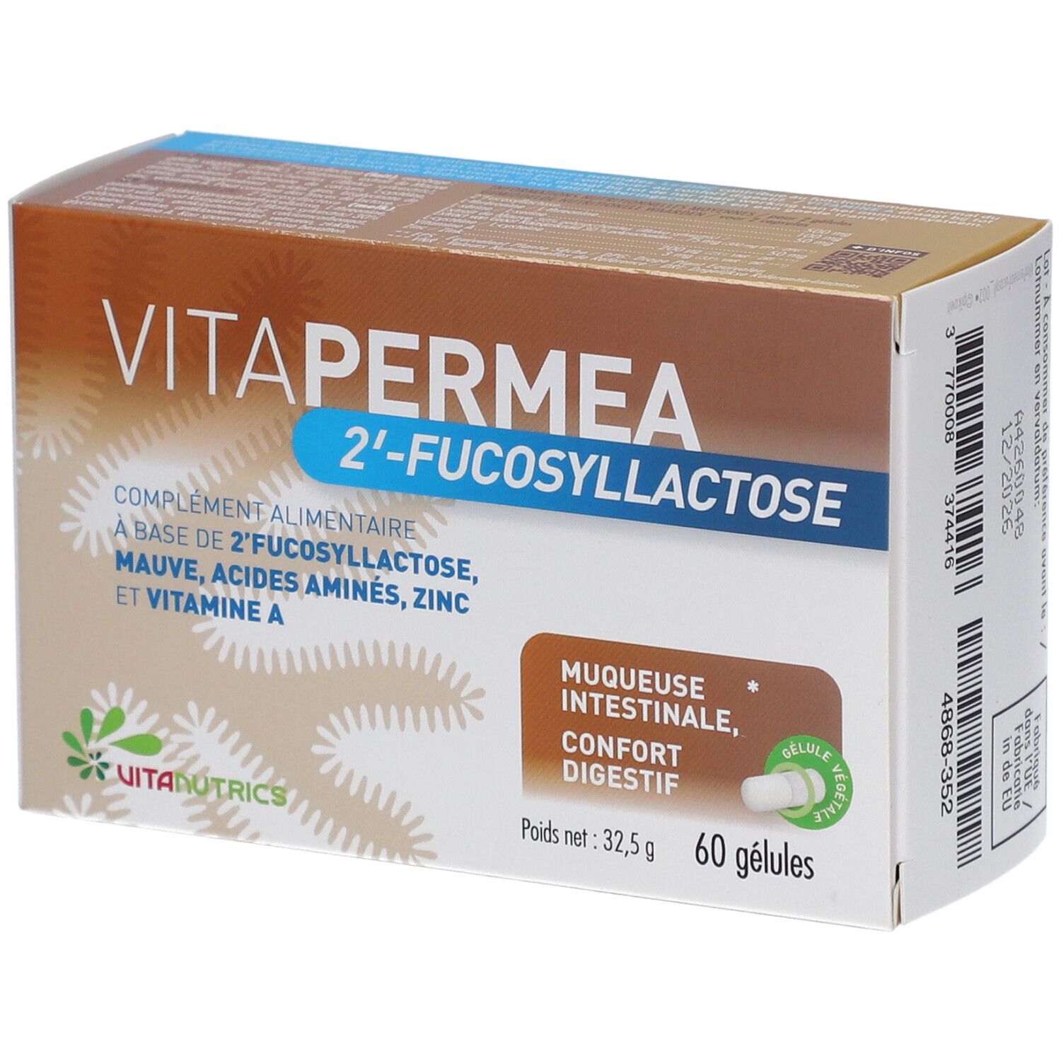 Vitanutrika Vitapermea-Verpackung. Braune und weiße Schachtel mit Produktnamen und Inhaltsstoffen. 60 Kapseln.