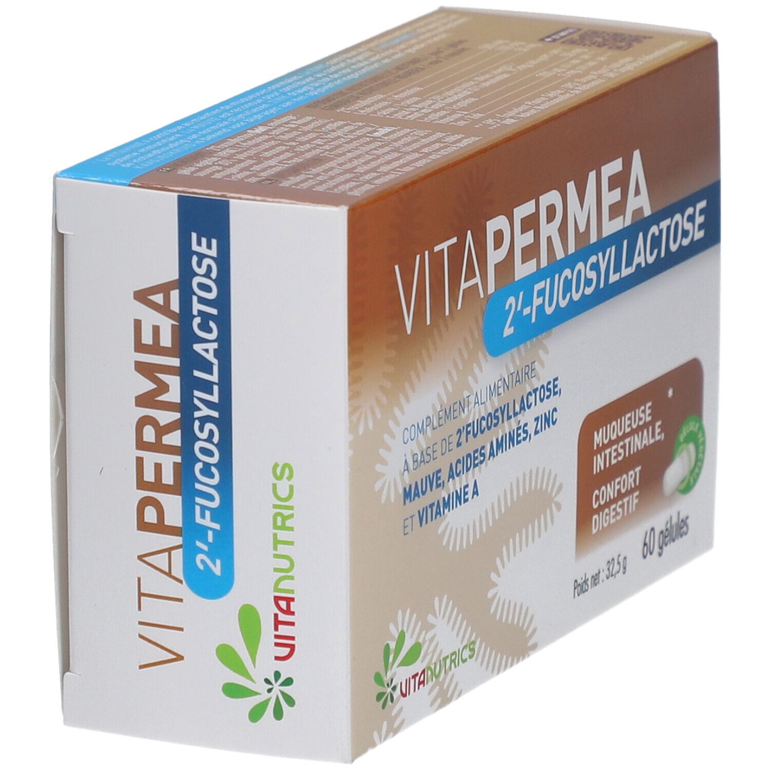 Vitanutrika Vitapermea-Verpackung. Schachtel mit Produktnamen und Inhaltsstoffen. 60 Kapseln. Ansicht von der Seite.