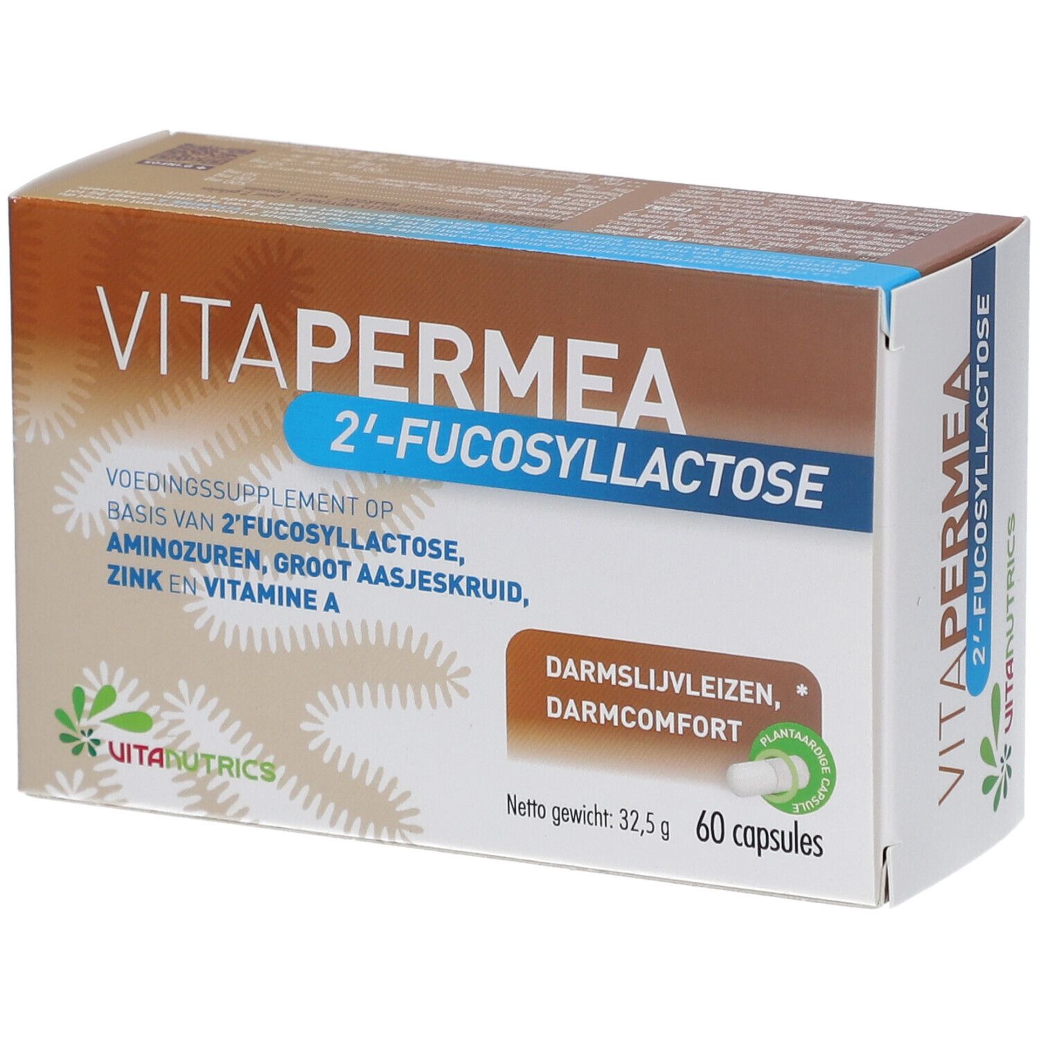 Vitanutrika Vitapermea-Verpackung. Braune und weiße Schachtel mit Produktnamen und Inhaltsstoffen. 60 Kapseln.