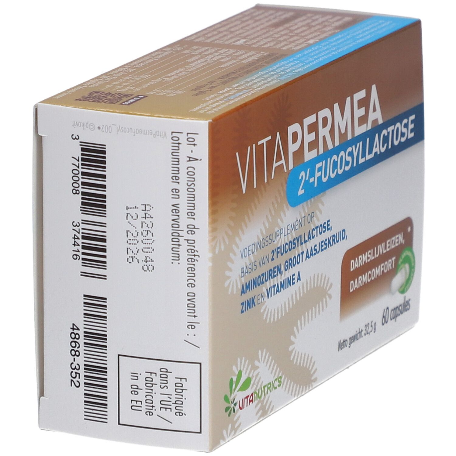 Vitanutrika Vitapermea-Verpackung. Braune und weiße Schachtel mit Produktnamen und Inhaltsstoffen. 60 Kapseln. Rückseite.