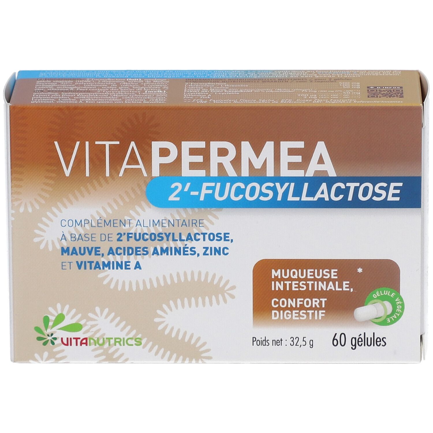 Vitanutrika Vitapermea-Verpackung. Braune und weiße Schachtel mit Produktnamen und Inhaltsstoffen. 60 Kapseln.
