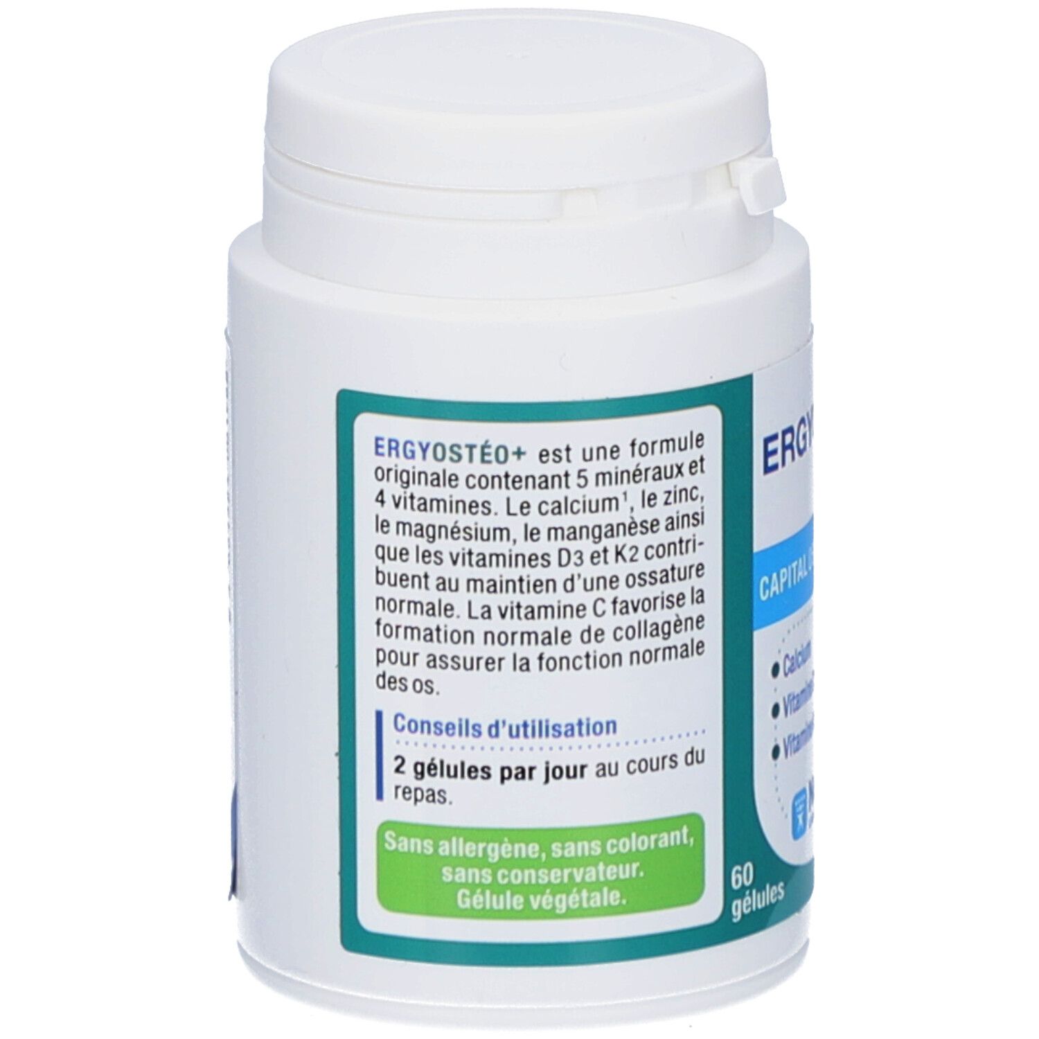 Dos du flacon blanc Ergyostéo+ avec 60 gélules. Texte: 2 gélules par jour. Sans allergène, colorant, conservateur.