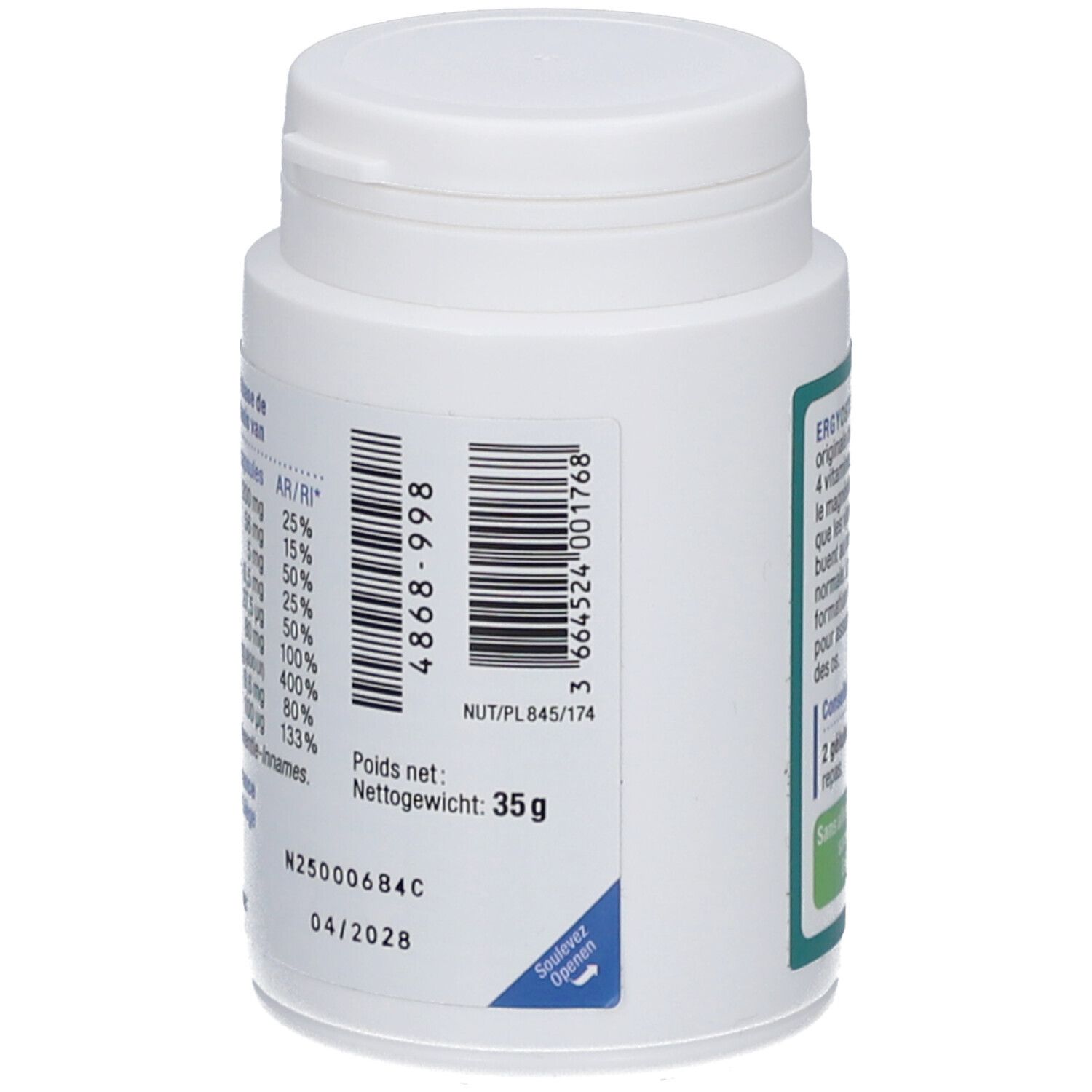 Dos du flacon blanc Ergyostéo+. Code-barres, poids net 35g, date de péremption 04/2028.
