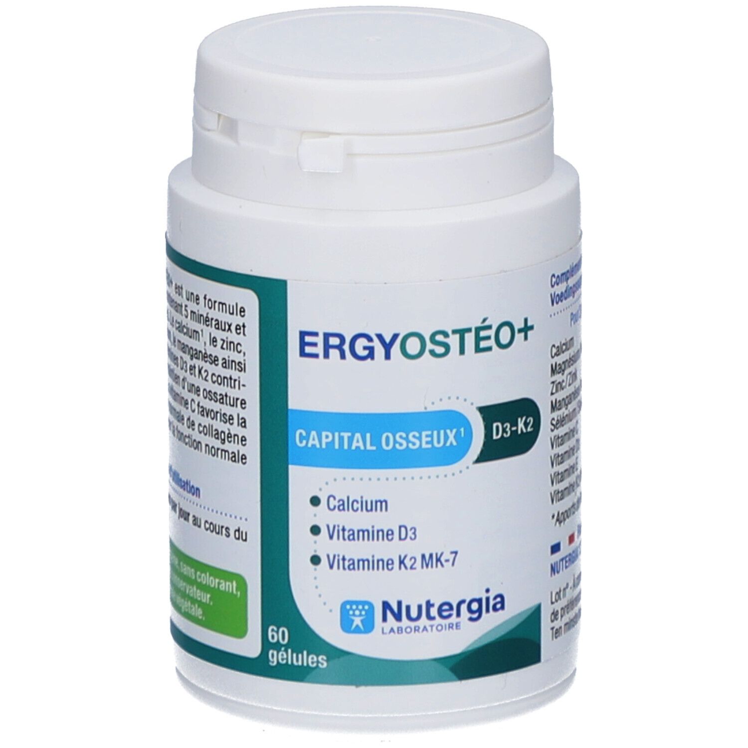 Flacon blanc Ergyostéo+ avec 60 gélules. Contient calcium, vitamine D3 et K2 MK-7. Marque Nutergia.