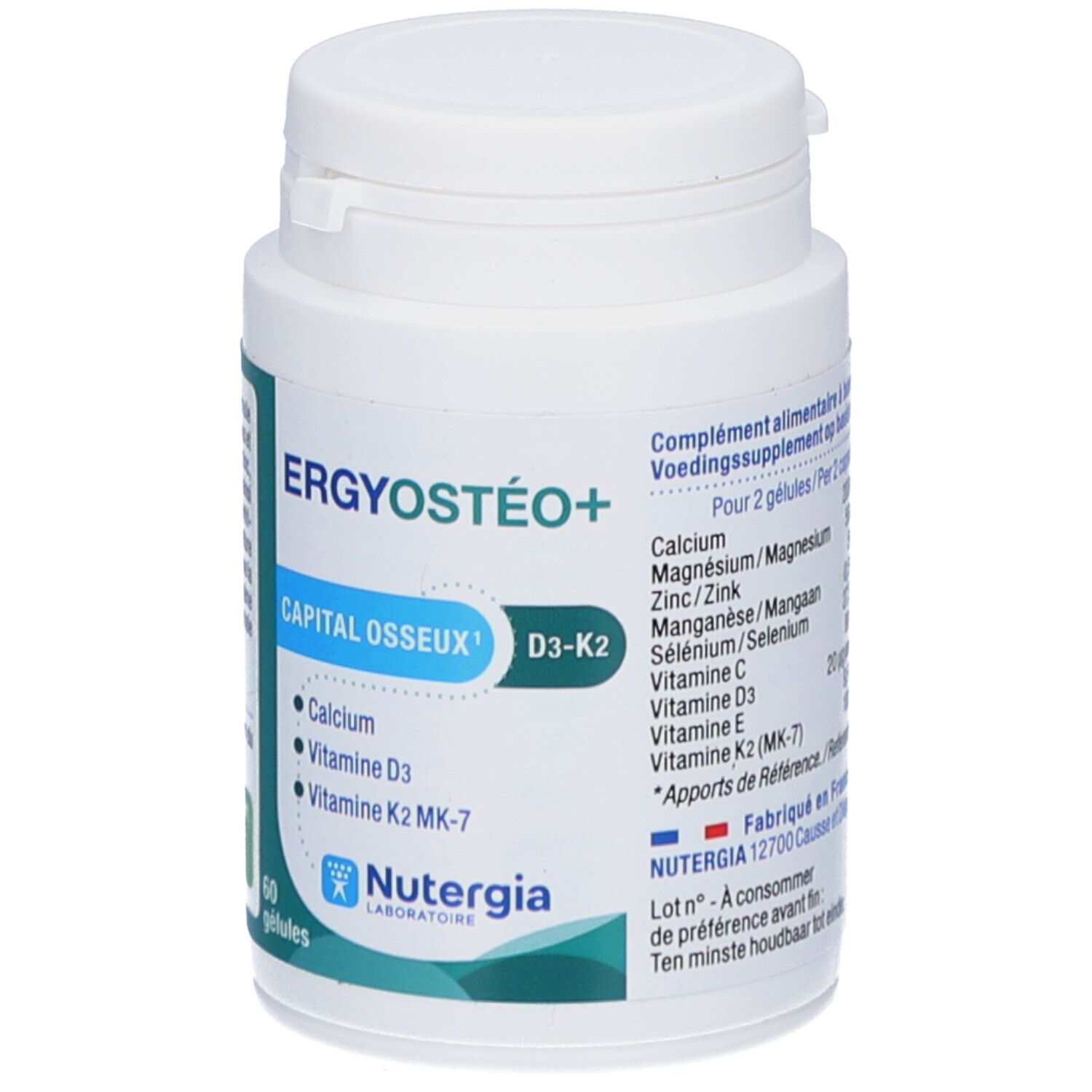 Flacon blanc Ergyostéo+ avec 60 gélules. Contient calcium, magnésium, zinc, manganèse, sélénium, vitamines C, D3, E, K2. Nutergia.
