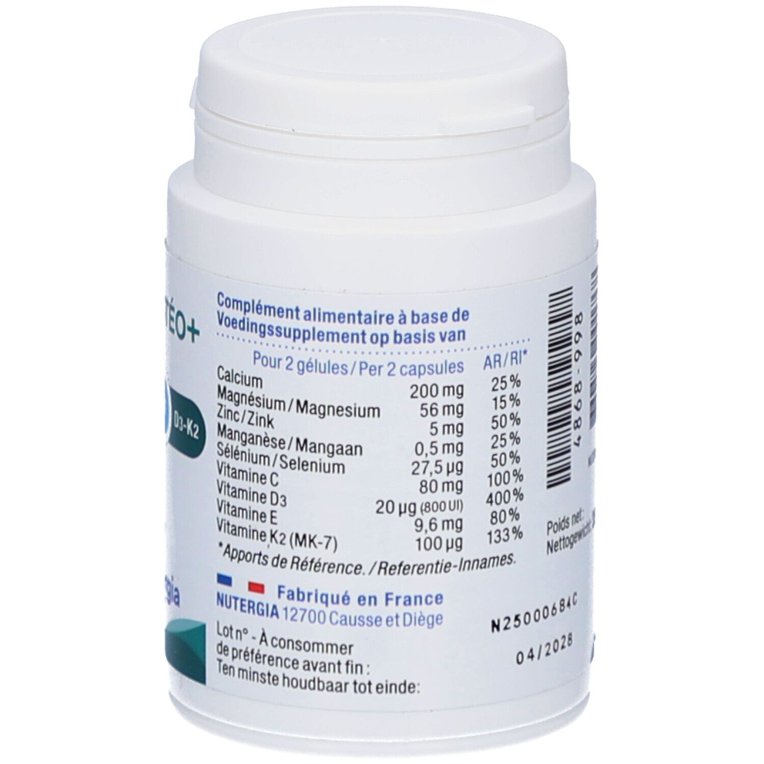 Dos du flacon blanc Ergyostéo+. Ingrédients: calcium, magnésium, zinc, manganèse, sélénium, vitamines C, D3, E, K2. Fabriqué en France.