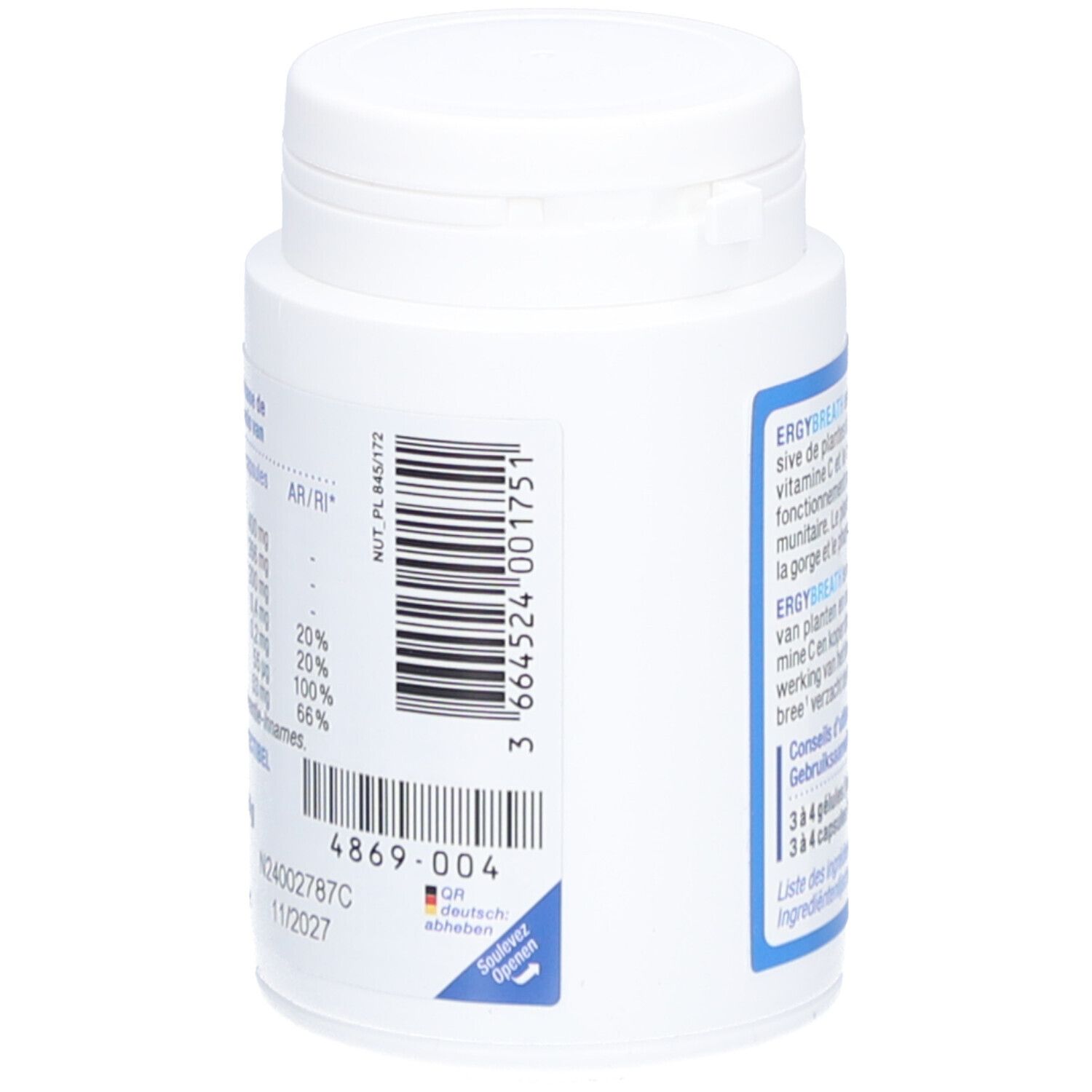 Rückseite der weißen Flasche mit Text und Barcode. Aufschrift: Ergybreath, NUTERGIA.