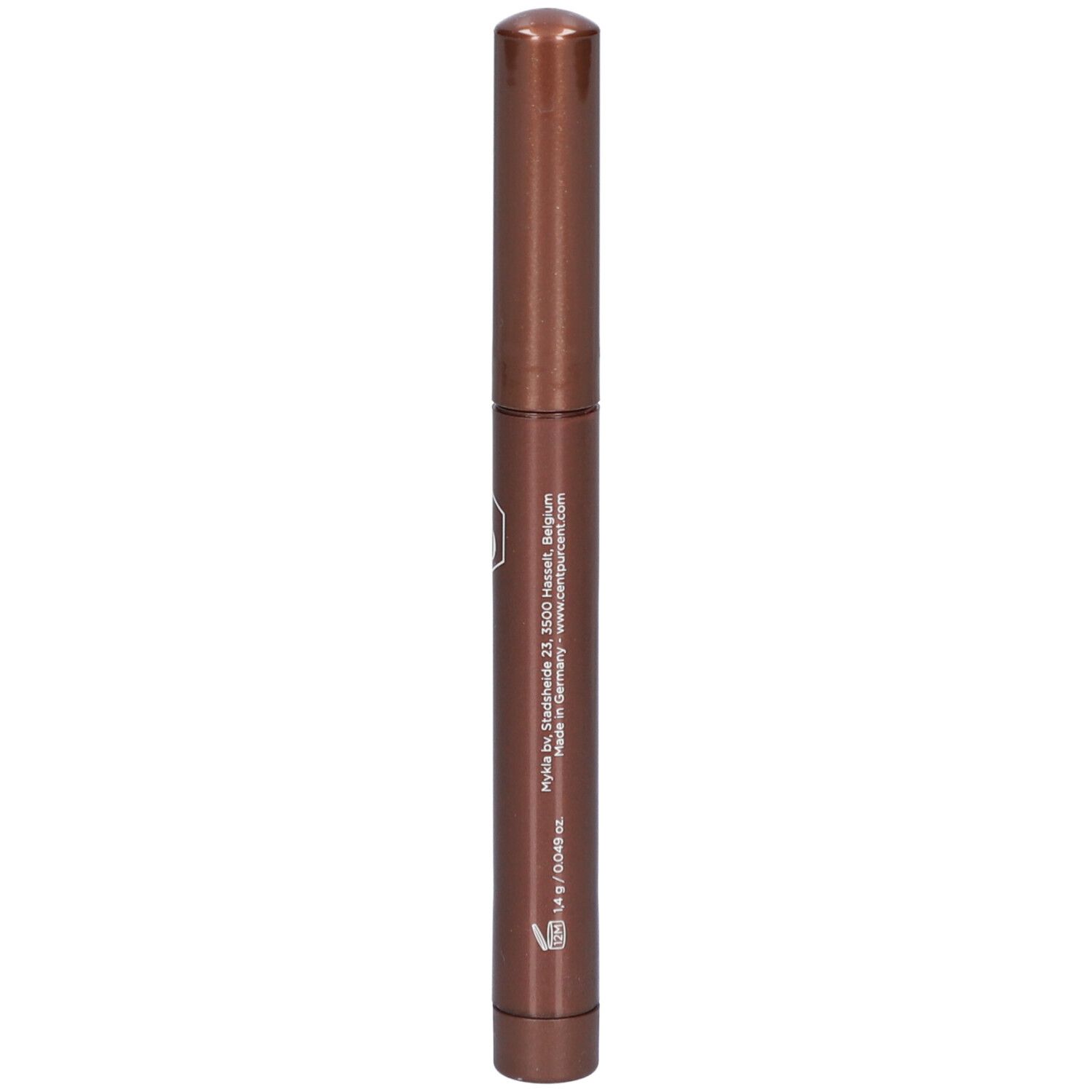 Bronzefarbener Stift mit Deckel. Aufschrift: CENT PUR CENT. Logo. Angaben.