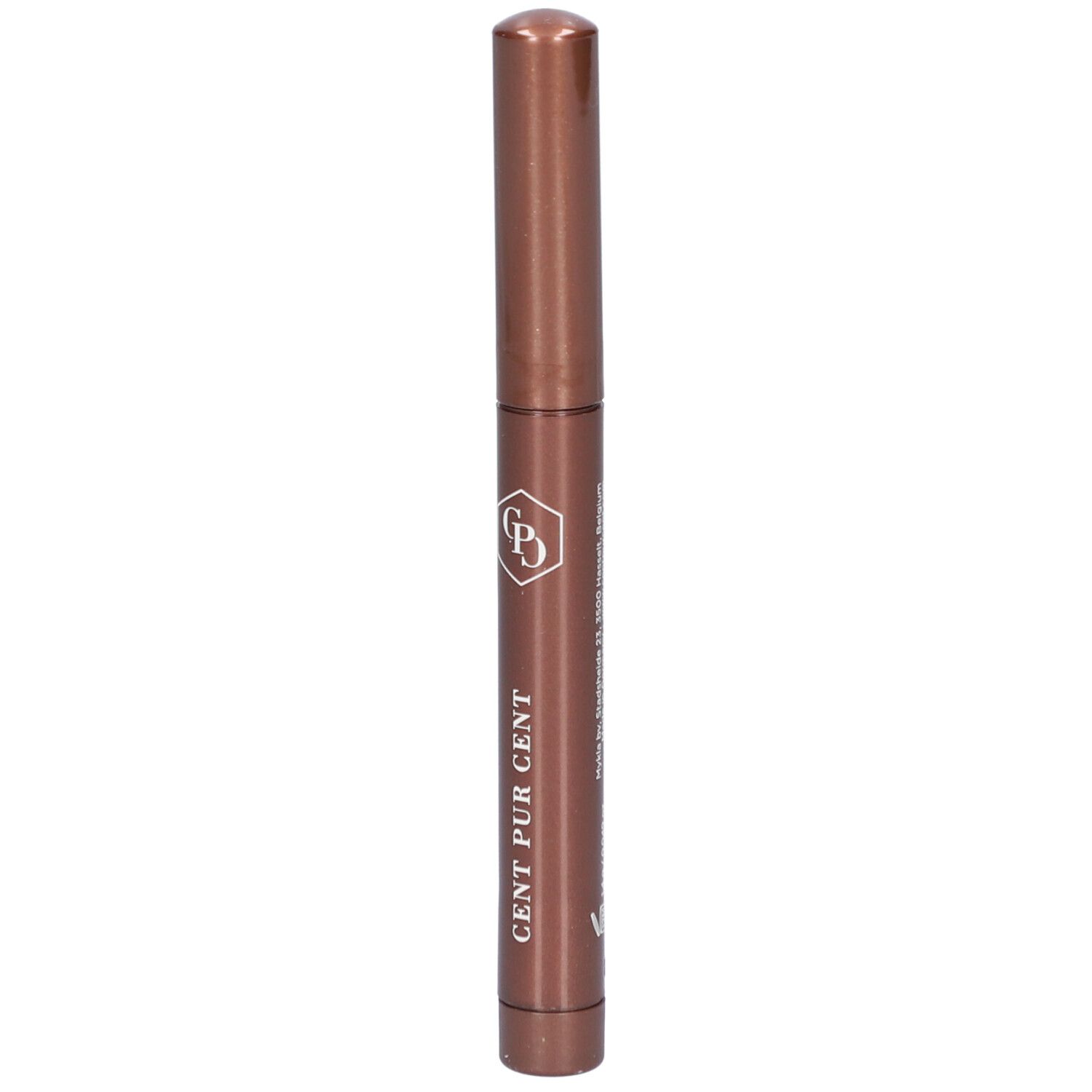 Bronzefarbener Stift mit Deckel. Aufschrift: CENT PUR CENT. Logo. Text.