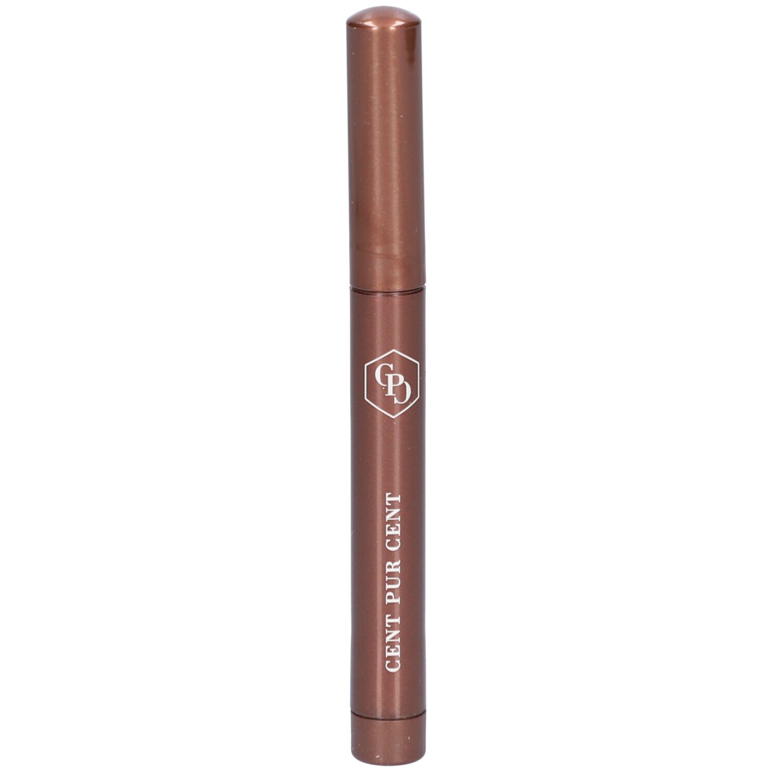 Bronzefarbener Stift mit Deckel. Aufschrift: CENT PUR CENT. Logo.