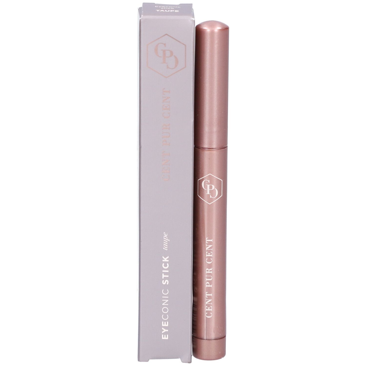 Rosafarbener Stift und Verpackung. Aufschrift: EYECONIC STICK Taupe, CENT PUR CENT.