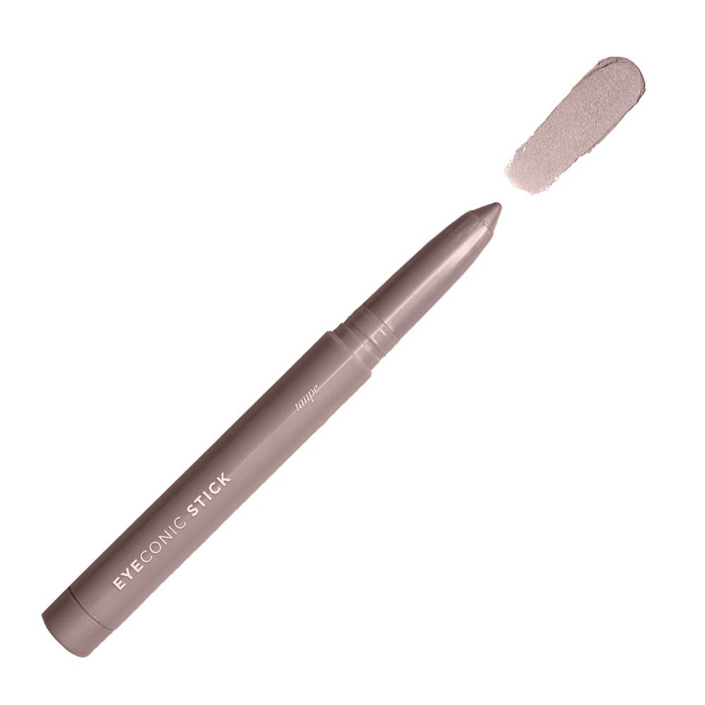 Ein taupefarbener Lidschattenstift mit aufgetragener Textur daneben.