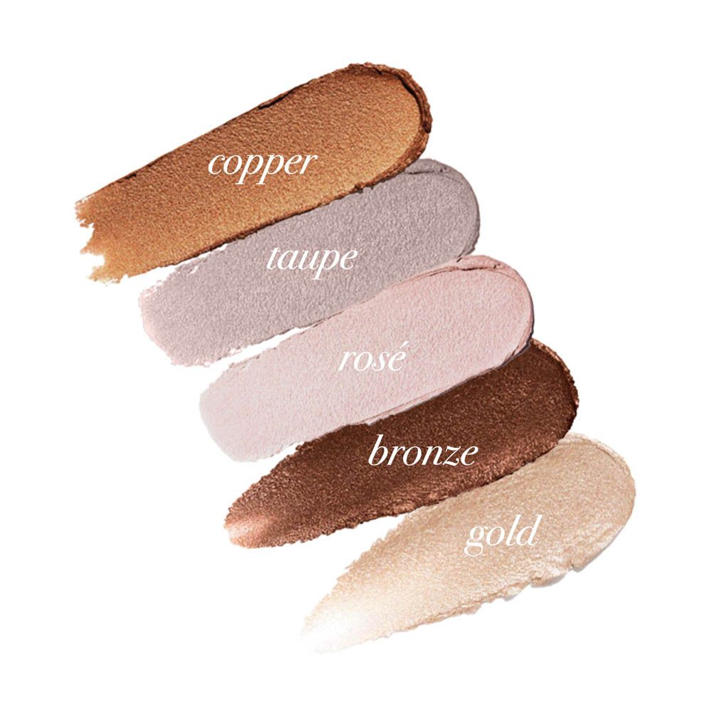 Fünf Lidschatten-Swatches in den Farben Kupfer, Taupe, Rosé, Bronze und Gold.