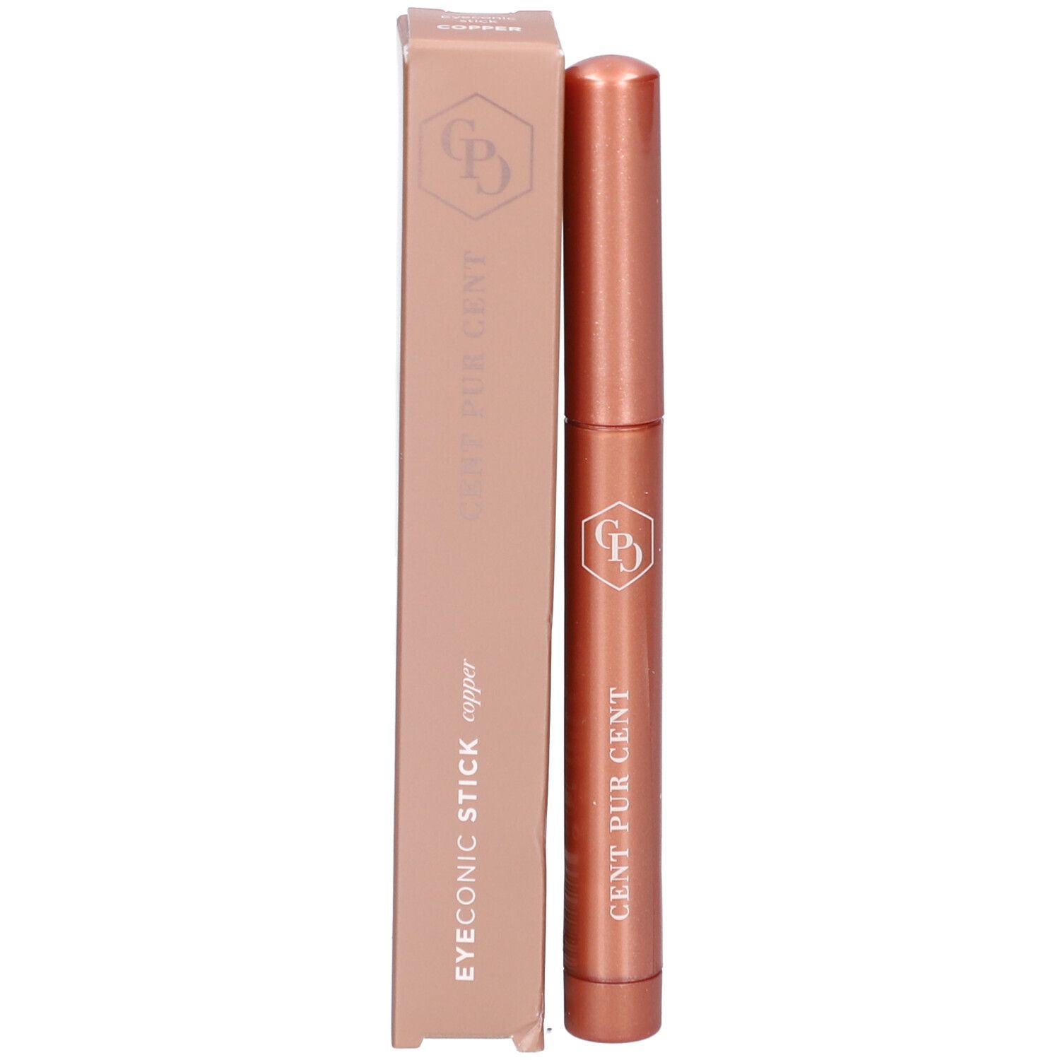 Bâtonnet cuivré et emballage. EYEONIC STICK copper et CENT PUR GENT sont écrits sur l'emballage.