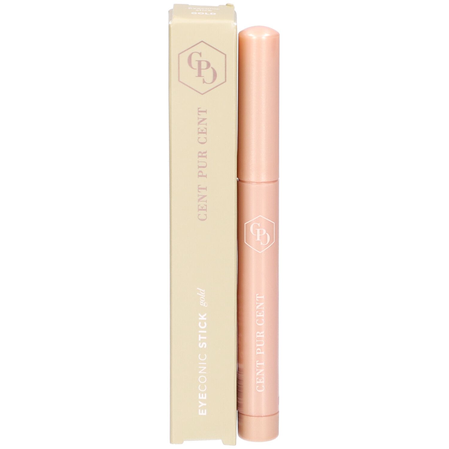 Produkt und Verpackung. Stift und Karton. Aufschrift: EYECONIC STICK gold, CENT PUR CENT. Logo.