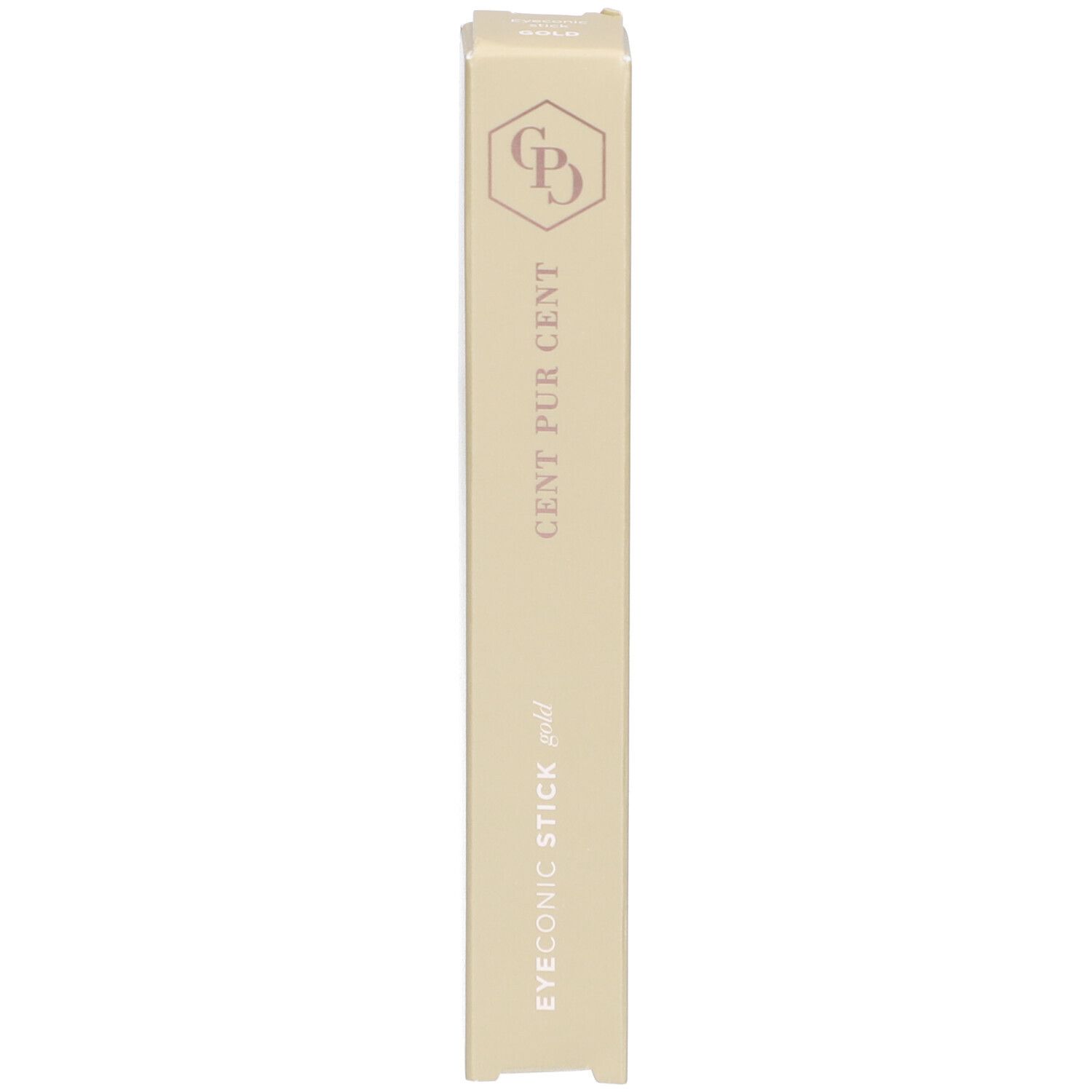 Kartonverpackung. Aufschrift: EYECONIC STICK gold, CENT PUR CENT. Logo. Beige Farbe.