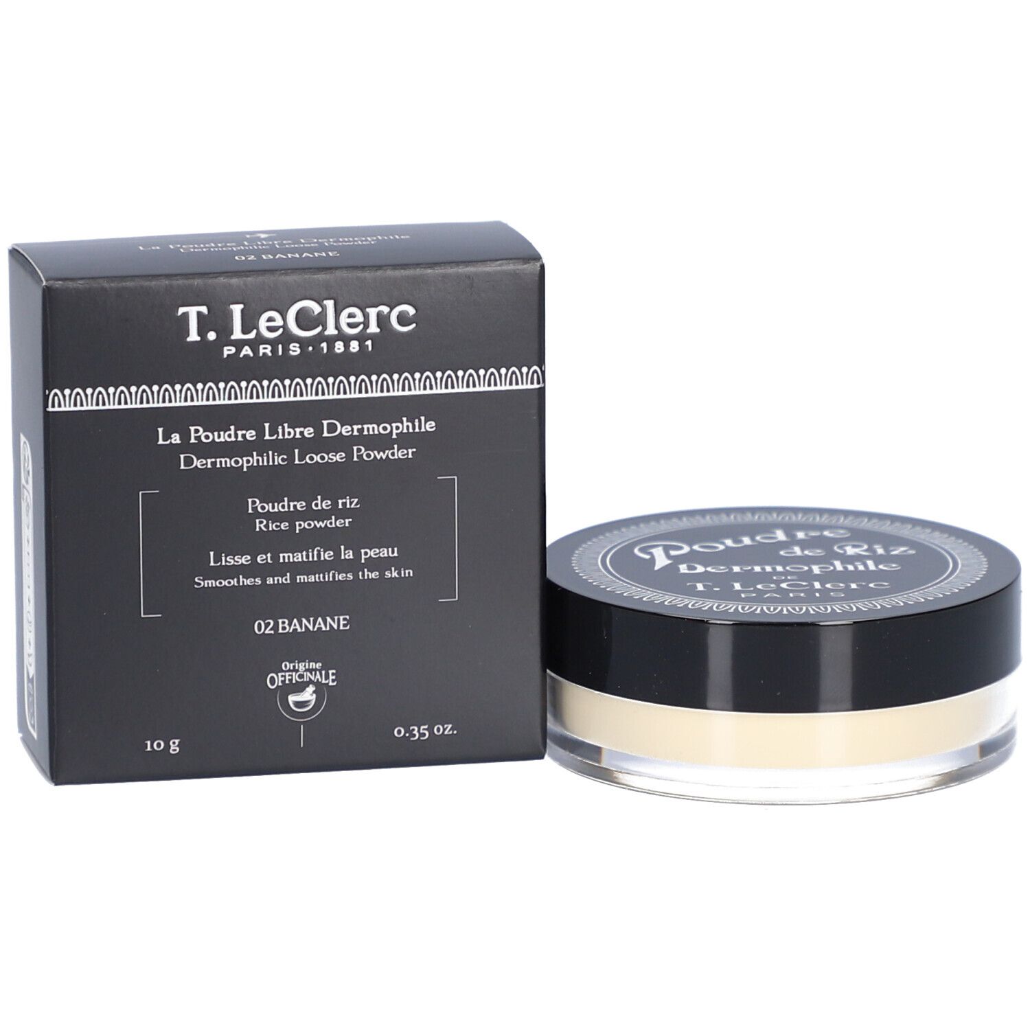 Dermophile Loose Powder von T.LeClerc. Schwarze Verpackung und Dose. Dose mit schwarzem Deckel und durchsichtigem Boden. Banane 02.