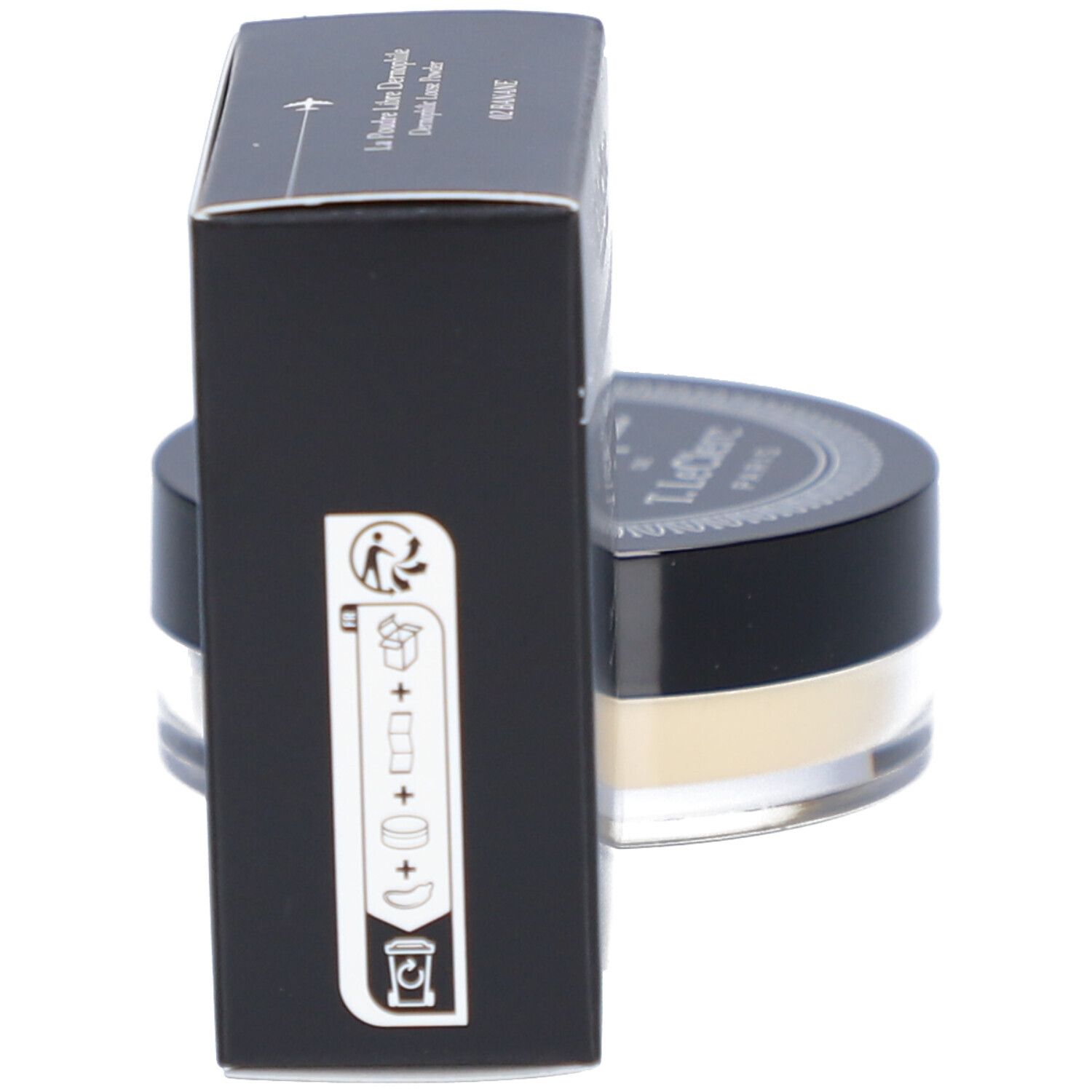 Dermophile Loose Powder von T.LeClerc. Schwarze Verpackung und Dose. Dose mit schwarzem Deckel und durchsichtigem Boden. Banane 02.