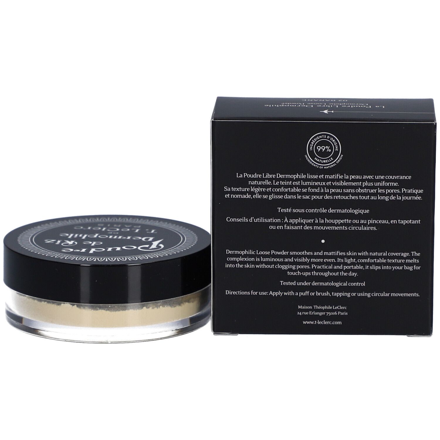 Dermophile Loose Powder von T.LeClerc. Schwarze Verpackung und Dose. Dose mit schwarzem Deckel und durchsichtigem Boden. Banane 02.