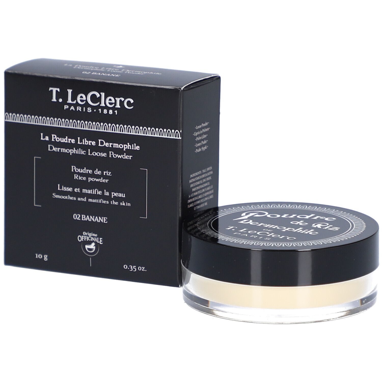 Dermophile Loose Powder von T.LeClerc. Schwarze Verpackung und Dose. Dose mit schwarzem Deckel und durchsichtigem Boden. Banane 02.