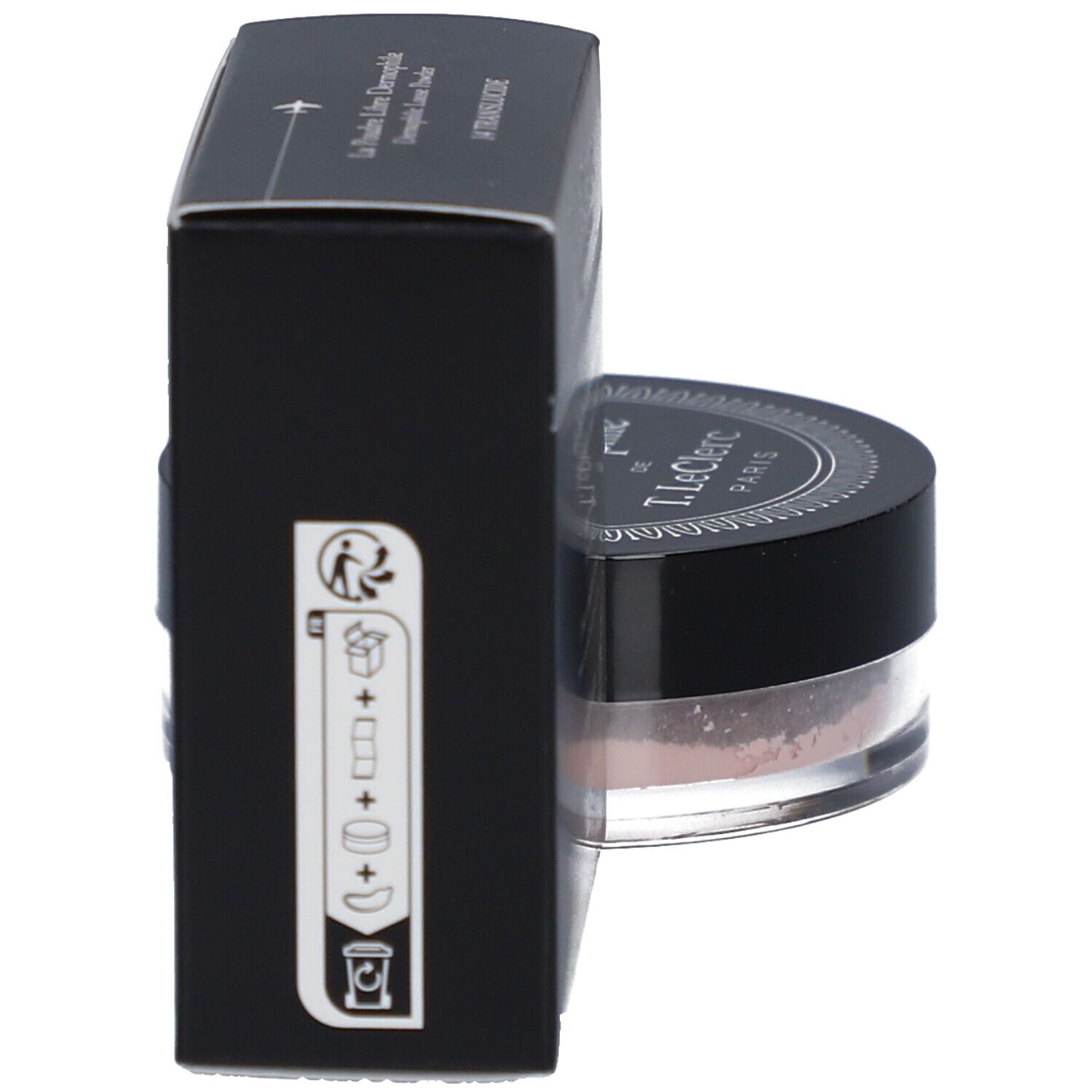 Schwarze Schachtel und Dose mit losem Puder. Schachtel steht. Dose liegt daneben. Auf der Schachtel sind Symbole abgebildet.