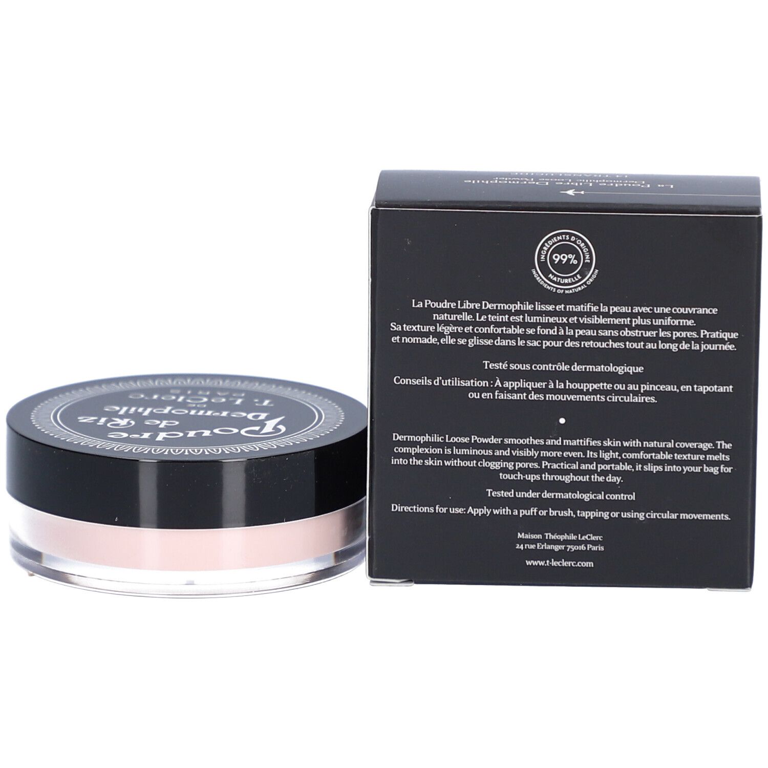 Dose und Schachtel mit losem Puder. Schwarze Verpackung mit weißer Schrift. Dose mit schwarzem Deckel und rosafarbenem Puder.