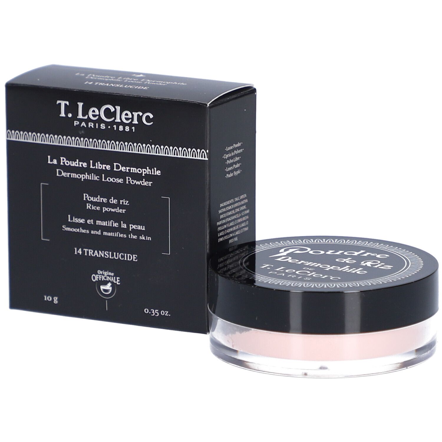 T.LeClerc Reisepuder, 10g, transluzide Farbe, in schwarzer Verpackung.
