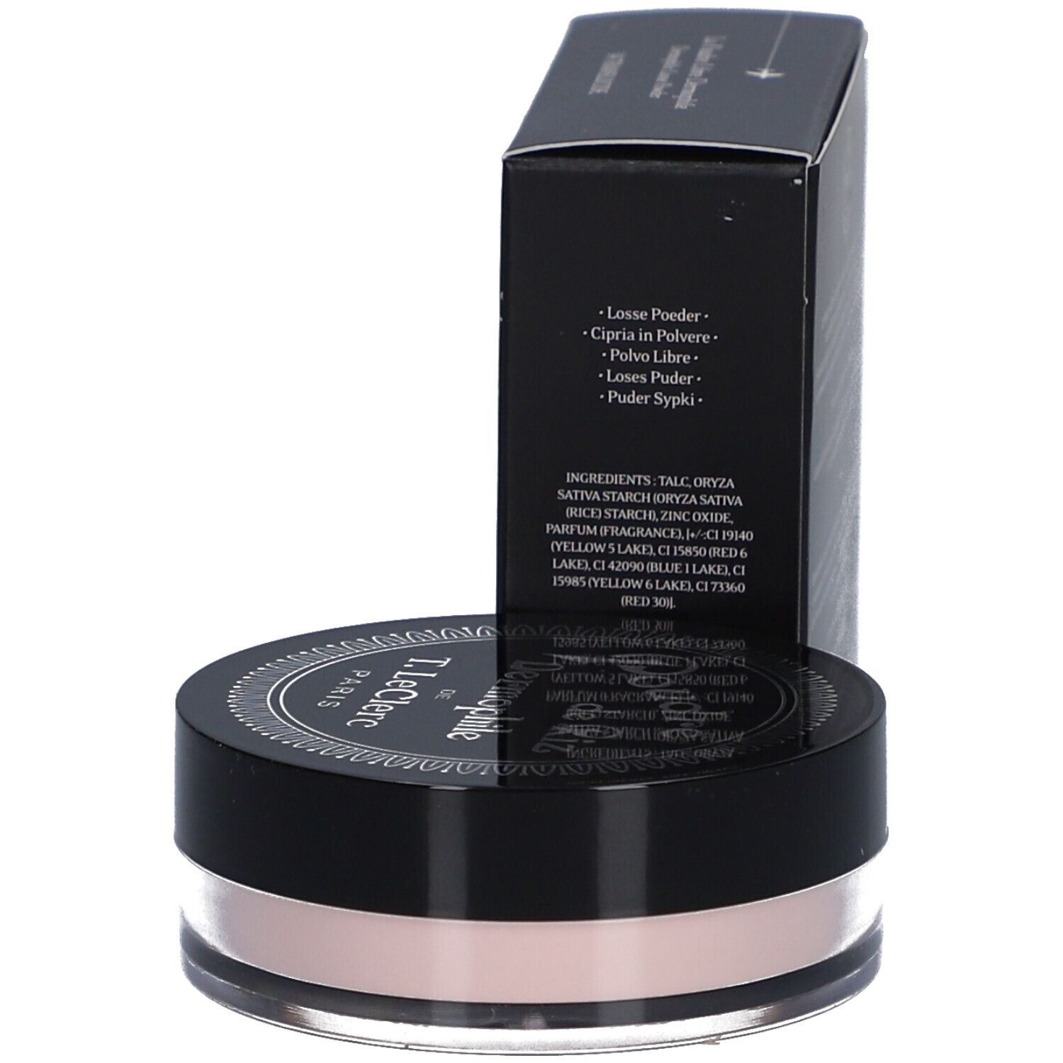 Dose und Schachtel mit losem Puder. Schwarze Verpackung mit weißer Schrift. Dose mit schwarzem Deckel und rosafarbenem Puder.