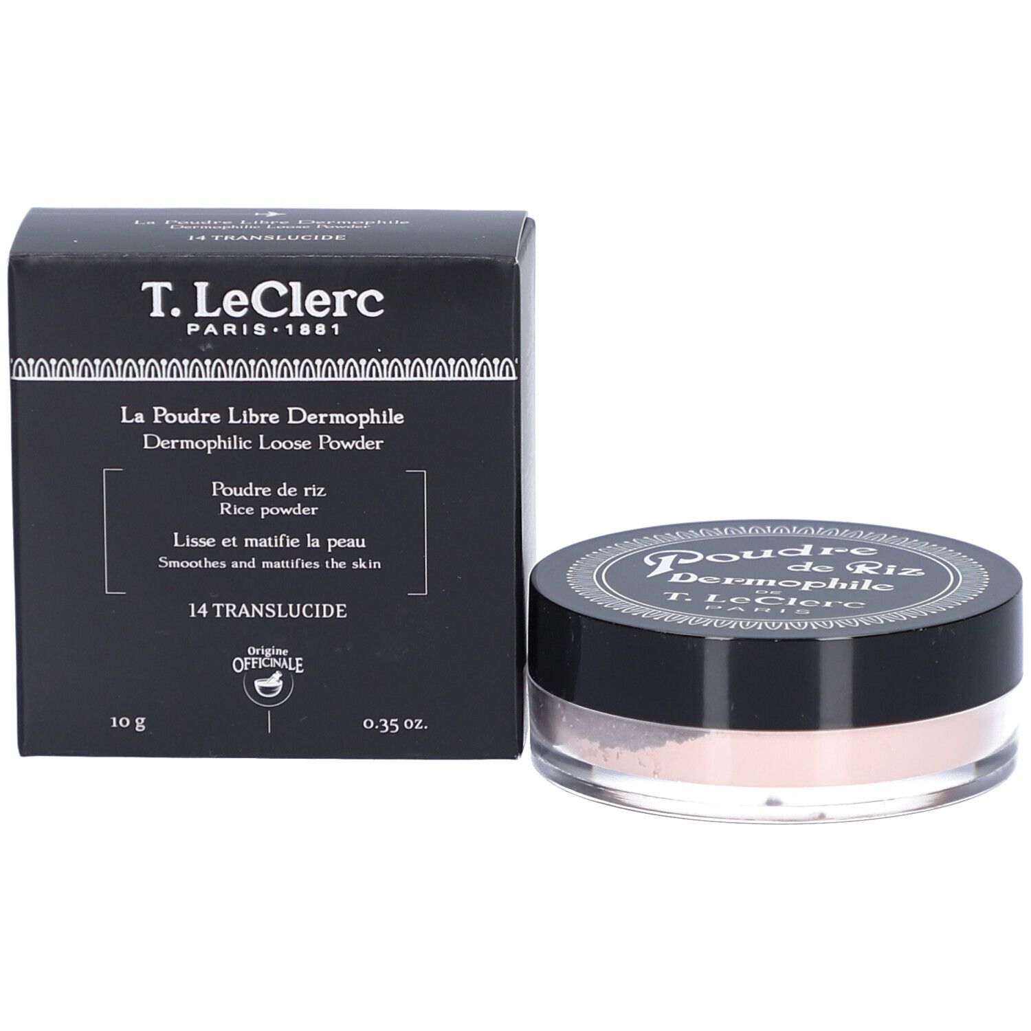 T.LeClerc Reisepuder, 10g, transluzide Farbe, in schwarzer Verpackung.