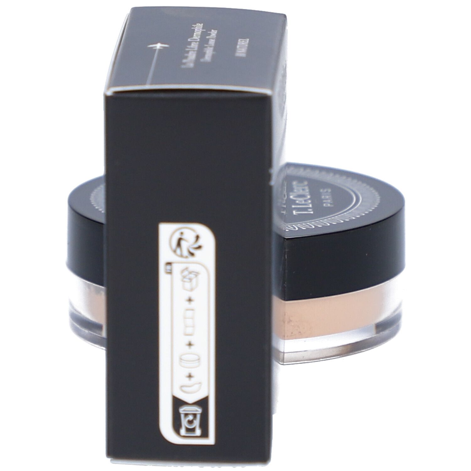 Schwarze Verpackung und Dose mit losem Puder. Auf der Verpackung steht "T.LeClerc PARIS". Die Dose ist geöffnet.