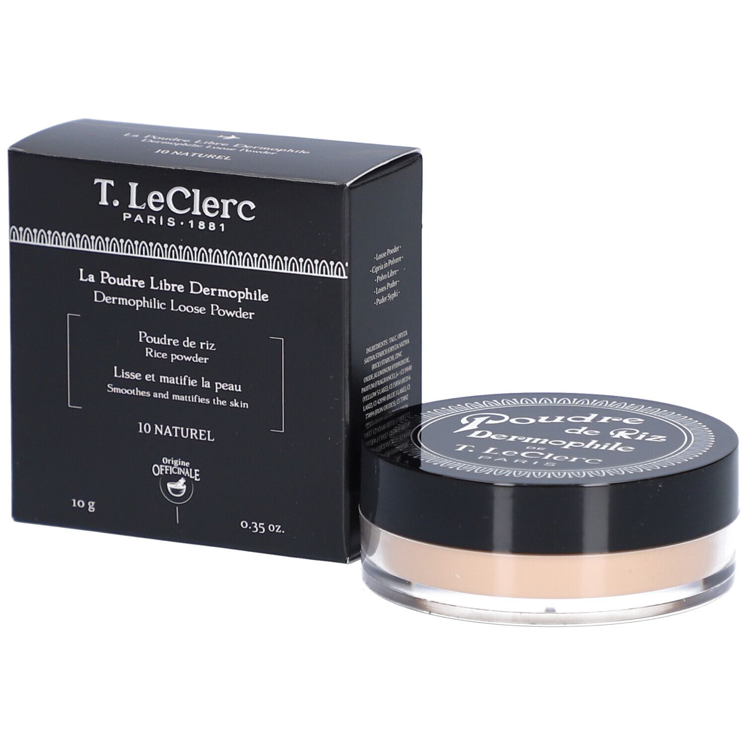 Dose mit losem Puder und schwarze Verpackung. Auf der Verpackung steht "T.LeClerc PARIS". Produktname und Inhaltsangabe.