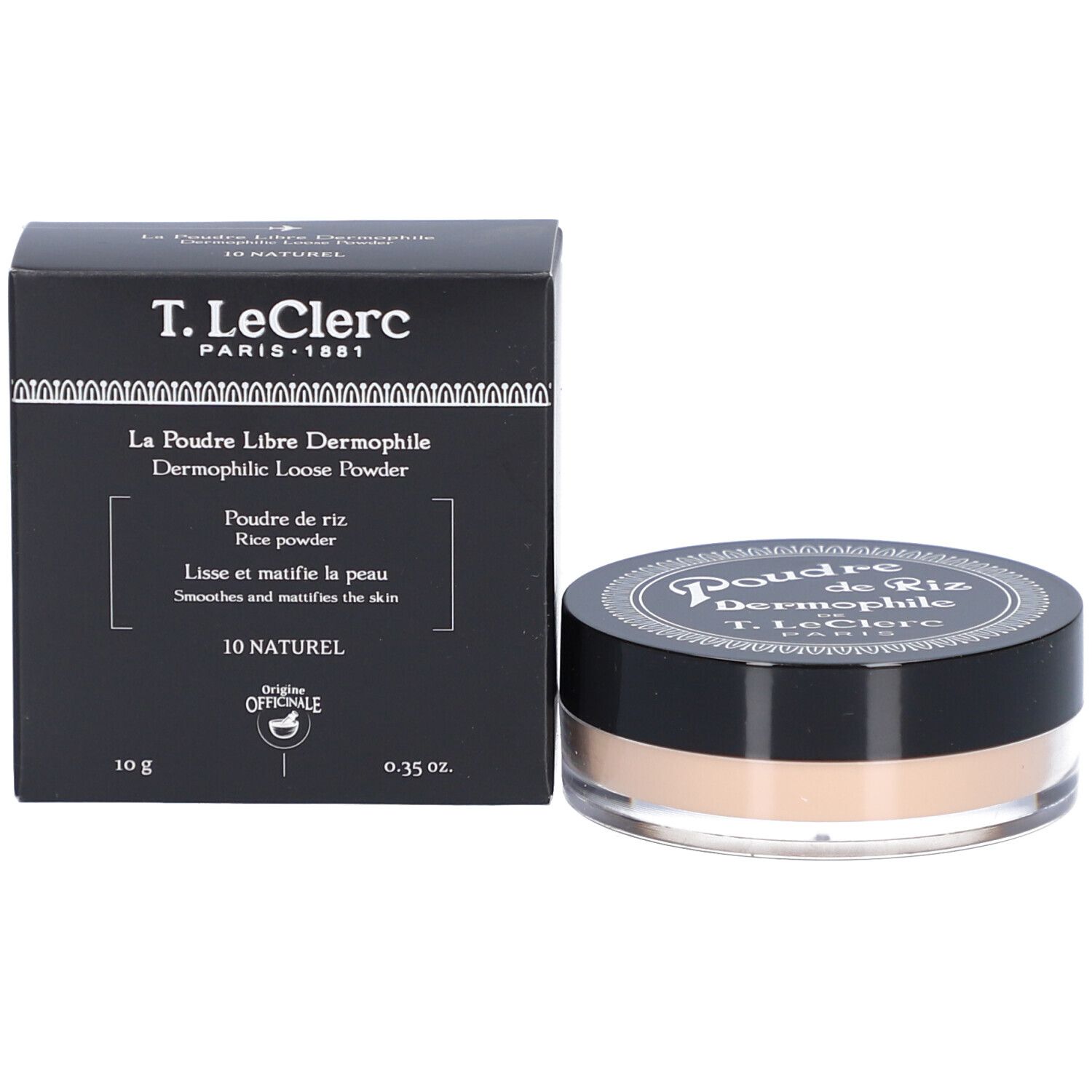 Dose mit losem Puder und schwarze Verpackung. Auf der Verpackung steht "T.LeClerc PARIS". Produktname und Inhaltsangabe.