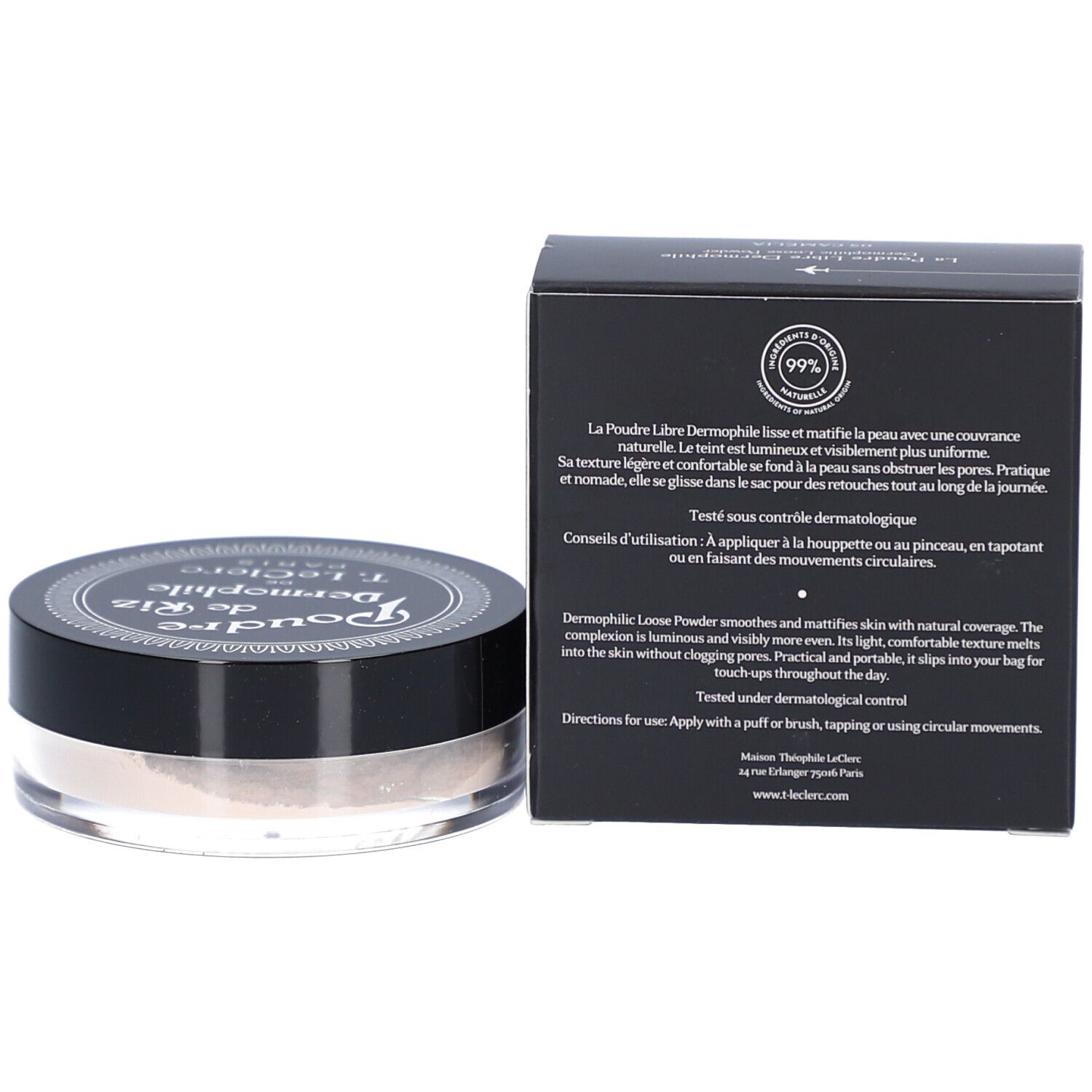 Dose mit losem Puder und schwarze Verpackung. Text: T.LeClerc, Poudre de Riz Dermophile. Produktinformationen und Anwendungsanleitung.